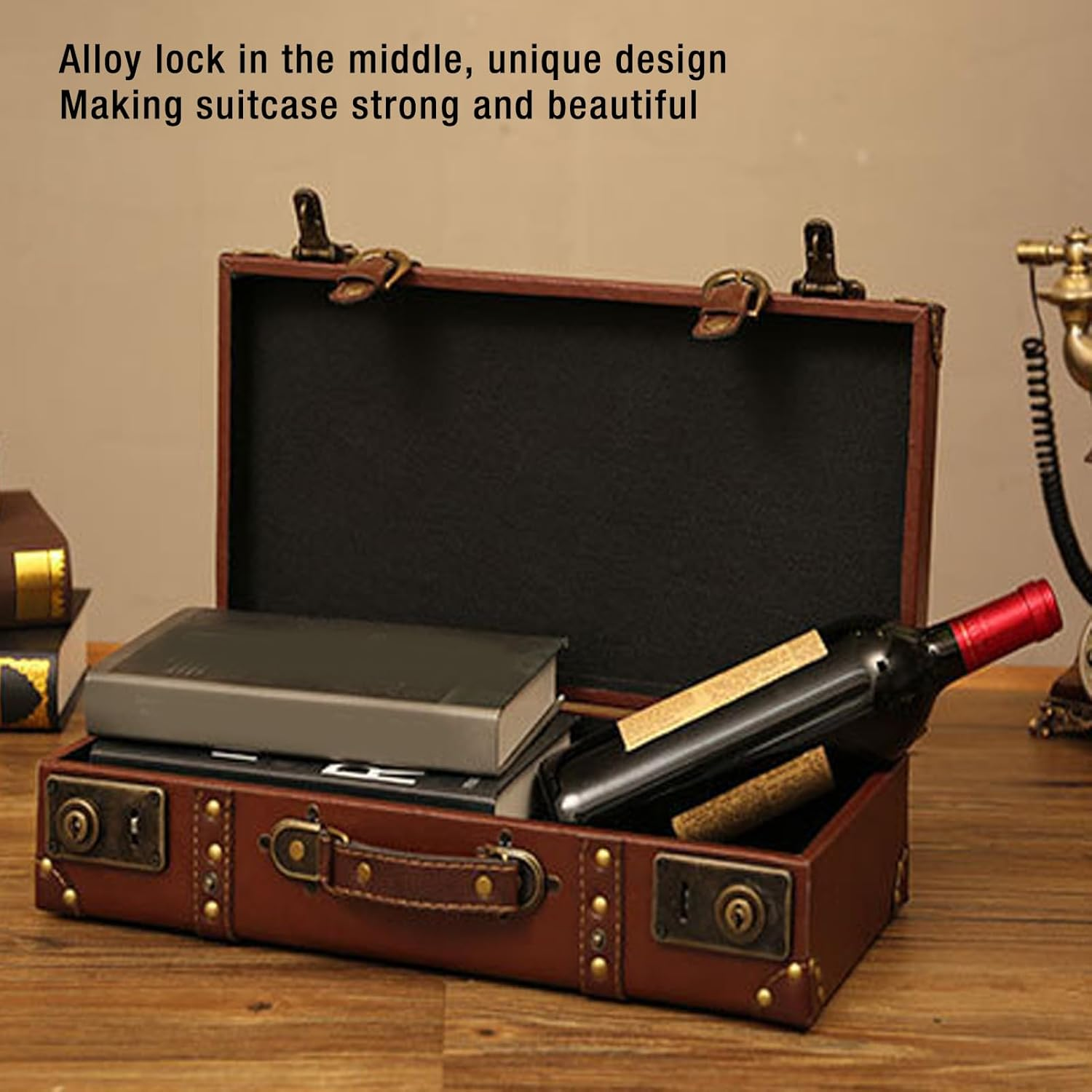 Vintage Leather Suitcase, Small Travel Case, with Alloy Lock, Carry on Overnight Case for Men and Women, Decorative Trunk, Brown image number 4