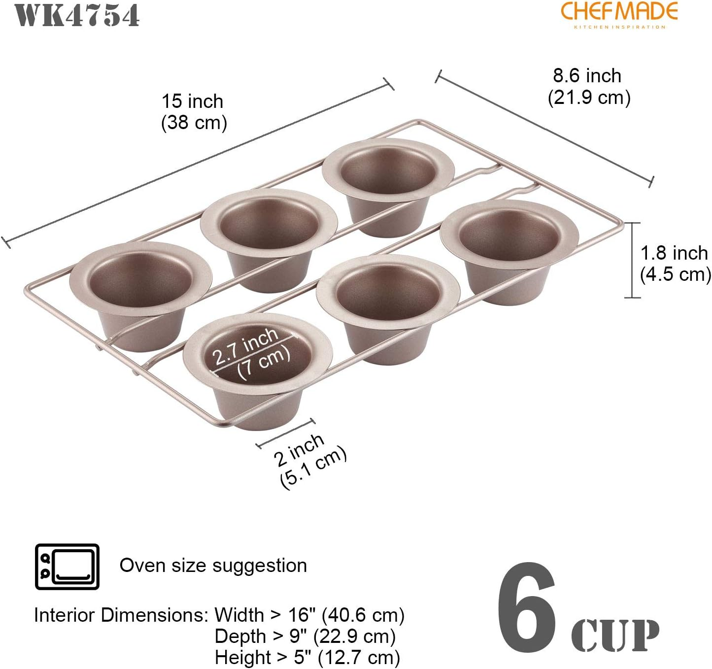 CHEFMADE Popover Cake Pan, 6-Cavity Non-Stick Yorkshire Muffin Cupcake Pan Bakeware for Oven Baking (Champagne Gold) image number 4