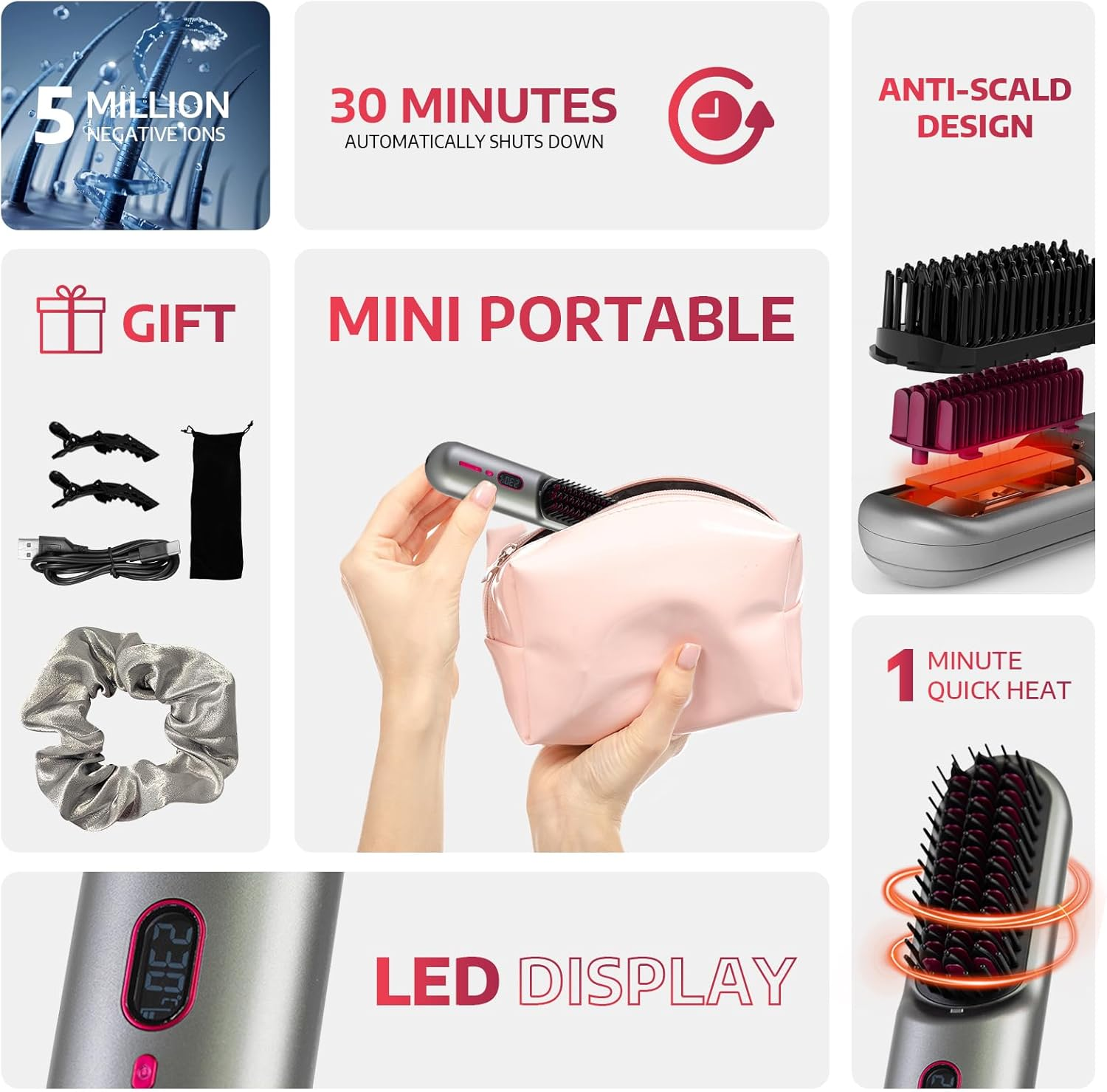 Top G Hair Straightener Brush Cordless Negative Ion Hot Comb Hair Straightener for Travel Upgraded 9600MAH USB Rechargeable Portable Mini Straightening Brush for Women(Grey) image number 5