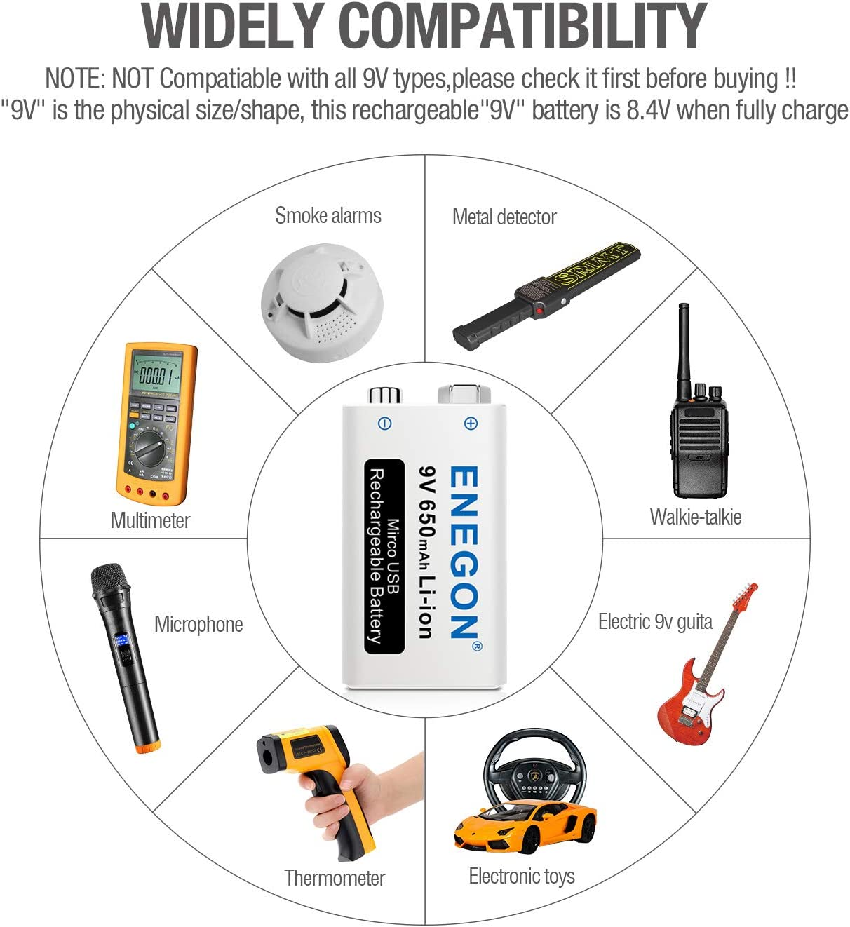 ENEGON 9V Direct USB Rechargeable Lithium-Ion 650Mah (5850Mwh) Batteries with 2 in 1 Micro USB Cable for Micro Phone, Smoke Alarms, Electronic Toys, Walkie-Talkie and More Devices (4-Pack) image number 5