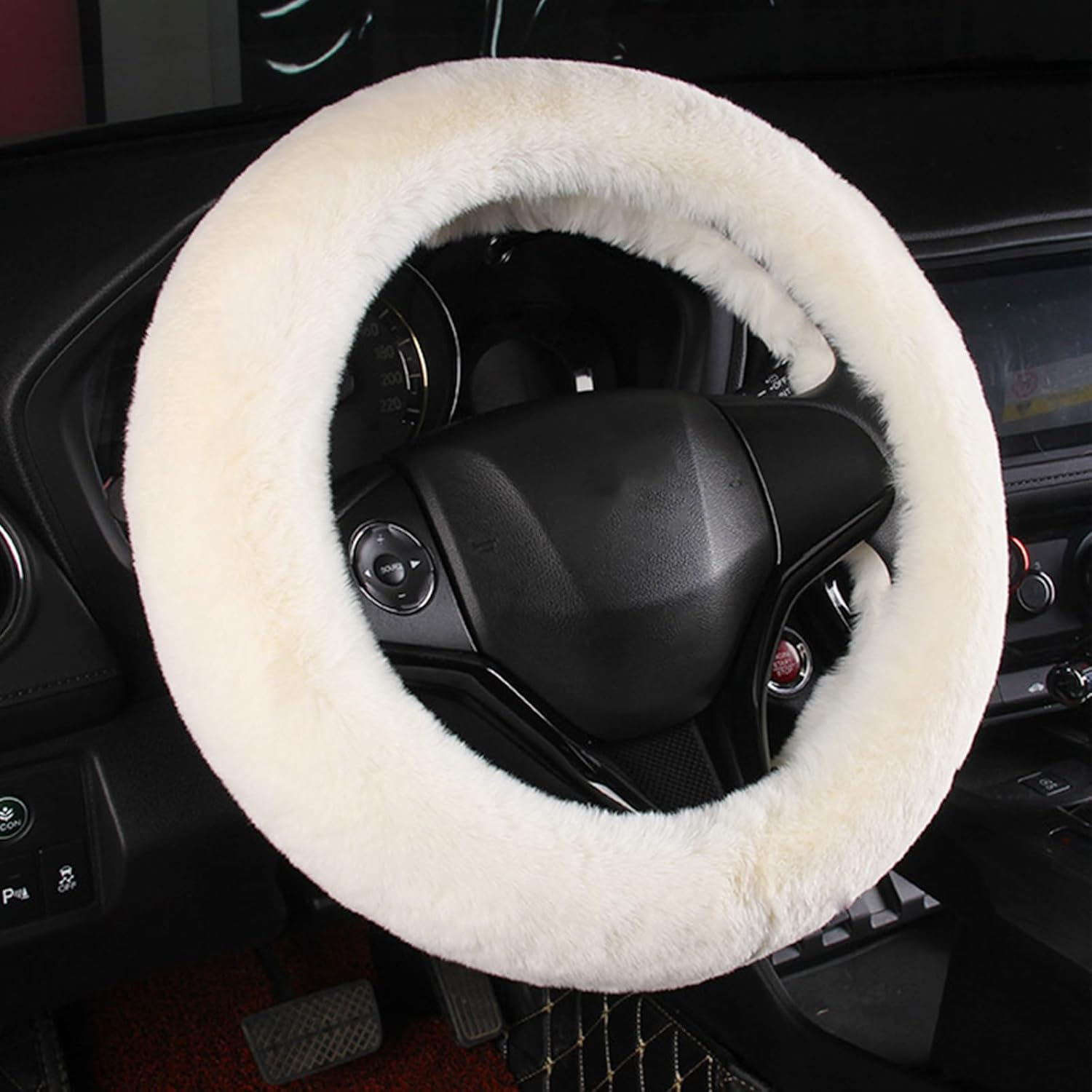 Fuzzy Car Steering Wheel Cover for Women, Anti-Slip Warm Fluffy Fur Auto Steering Wheel Protector, Soft Plush, Luxurious, with Seat Belt Cover Car Accessories for Ladies Girls (White)