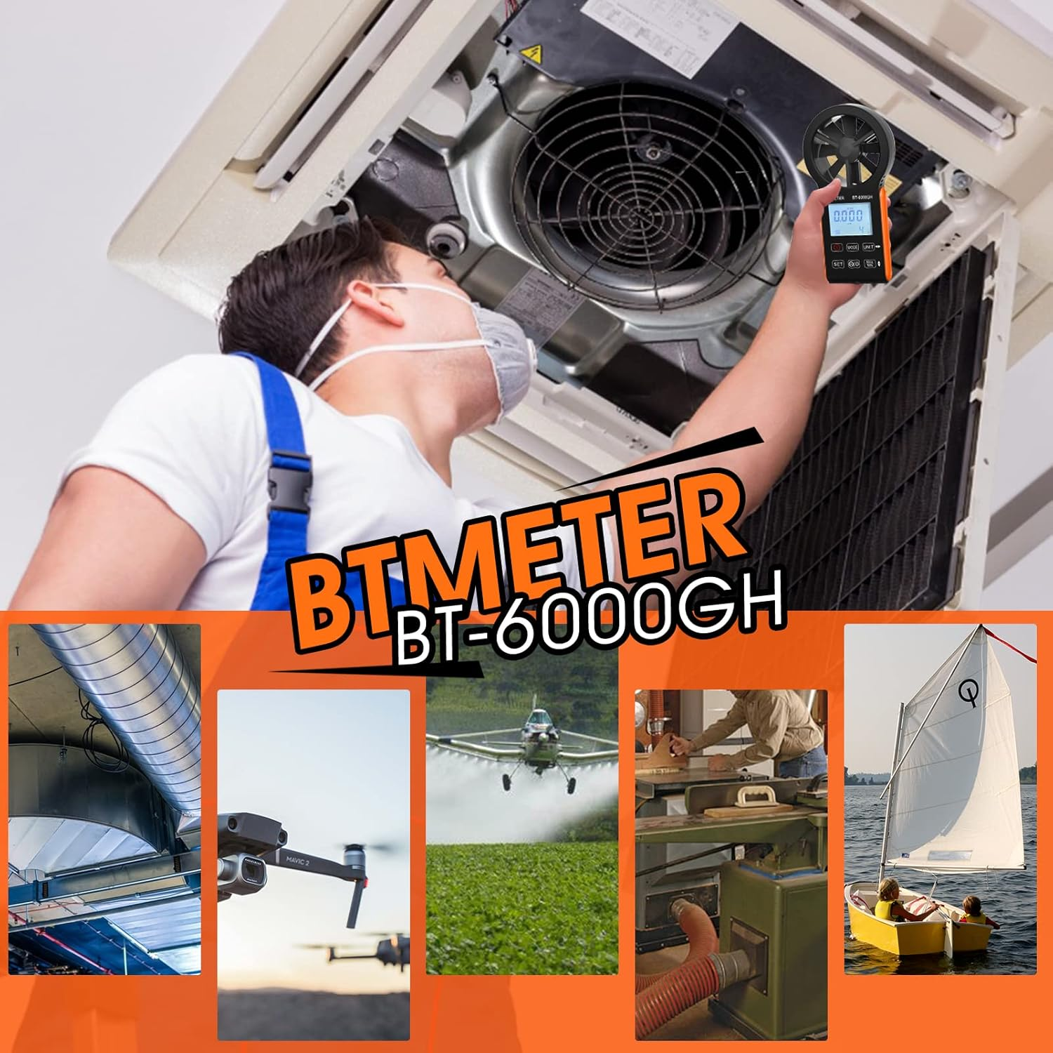 BTMETER Anemometer CFM Wind Meter, Air Flow Gauge Measure Wind Speed 0.3~30M/S, Monitor Airflow Volume 0-999900 Ft3/Min for HVAC Duct Air Vent, Touch-Screen Windometer 6000GH image number 5