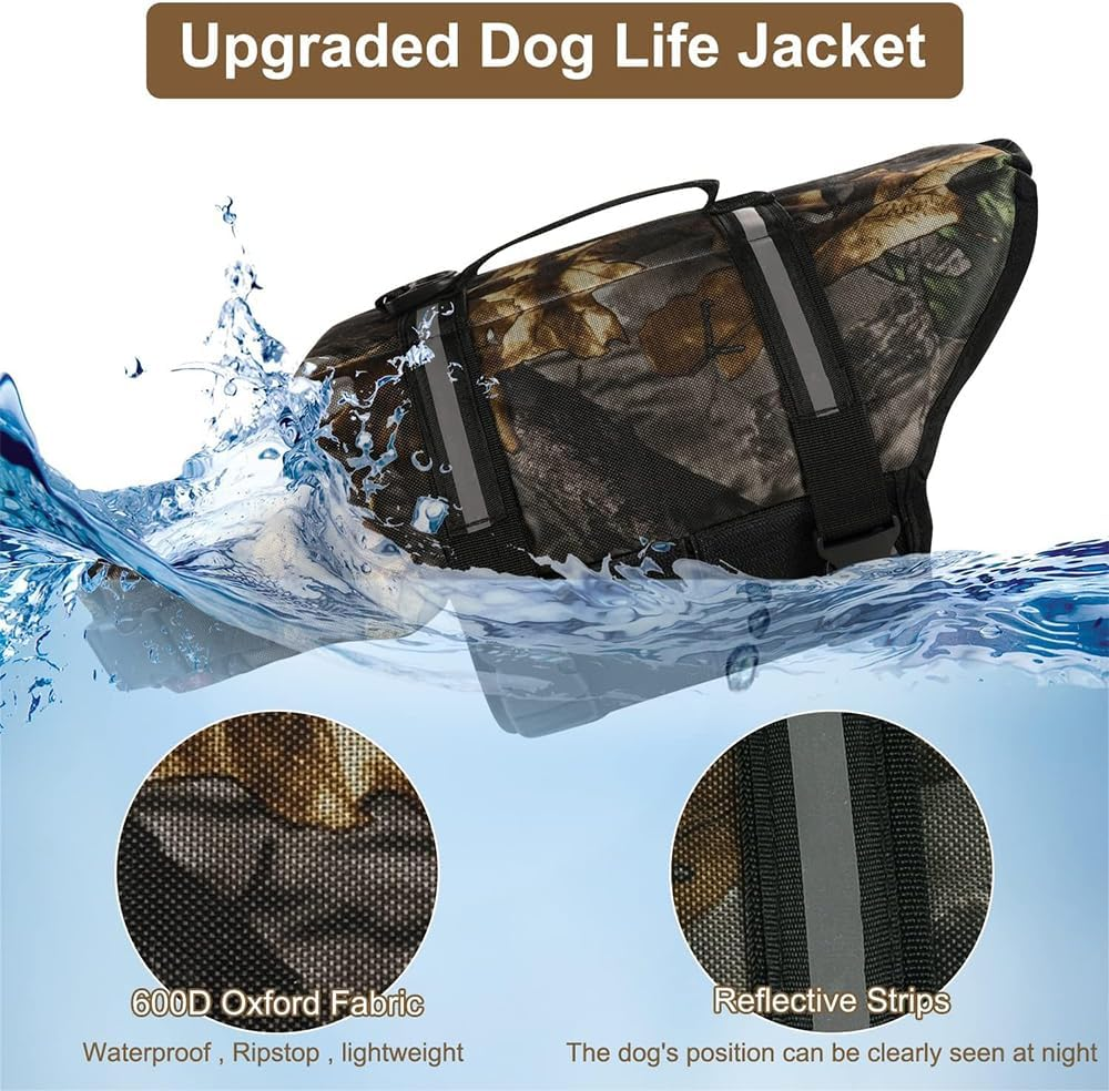 Dog Life Jacket, Camouflage Pet Life Vest with Adjustable Buckles, High Flotation Camo Dog Life Preserver Jacket, Lift Handle Ripstop Lightweight Dog Swimsuits for Small and Medium Breeds image number 3