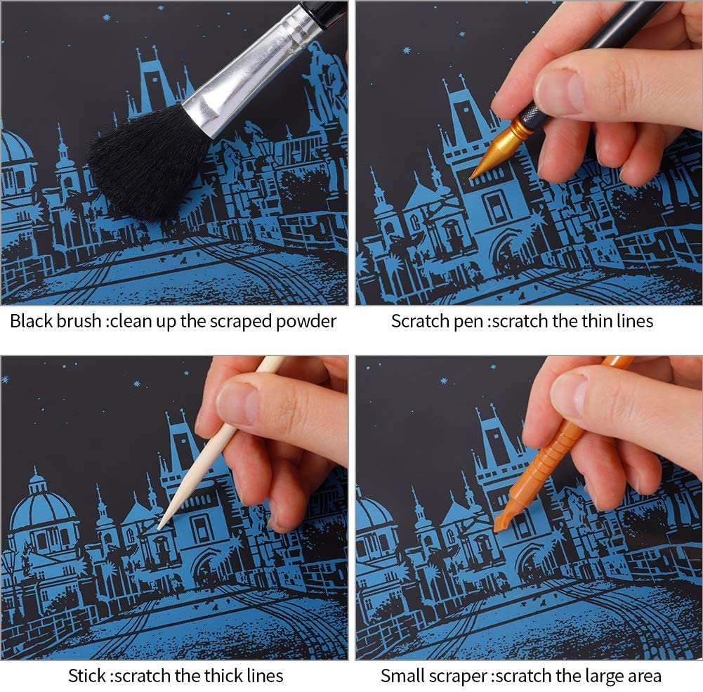 20 Sheets Rainbow Night View Scratch Paper for Arts and Crafts Famous City Landmarks Tool Kit A5 Size image number 5