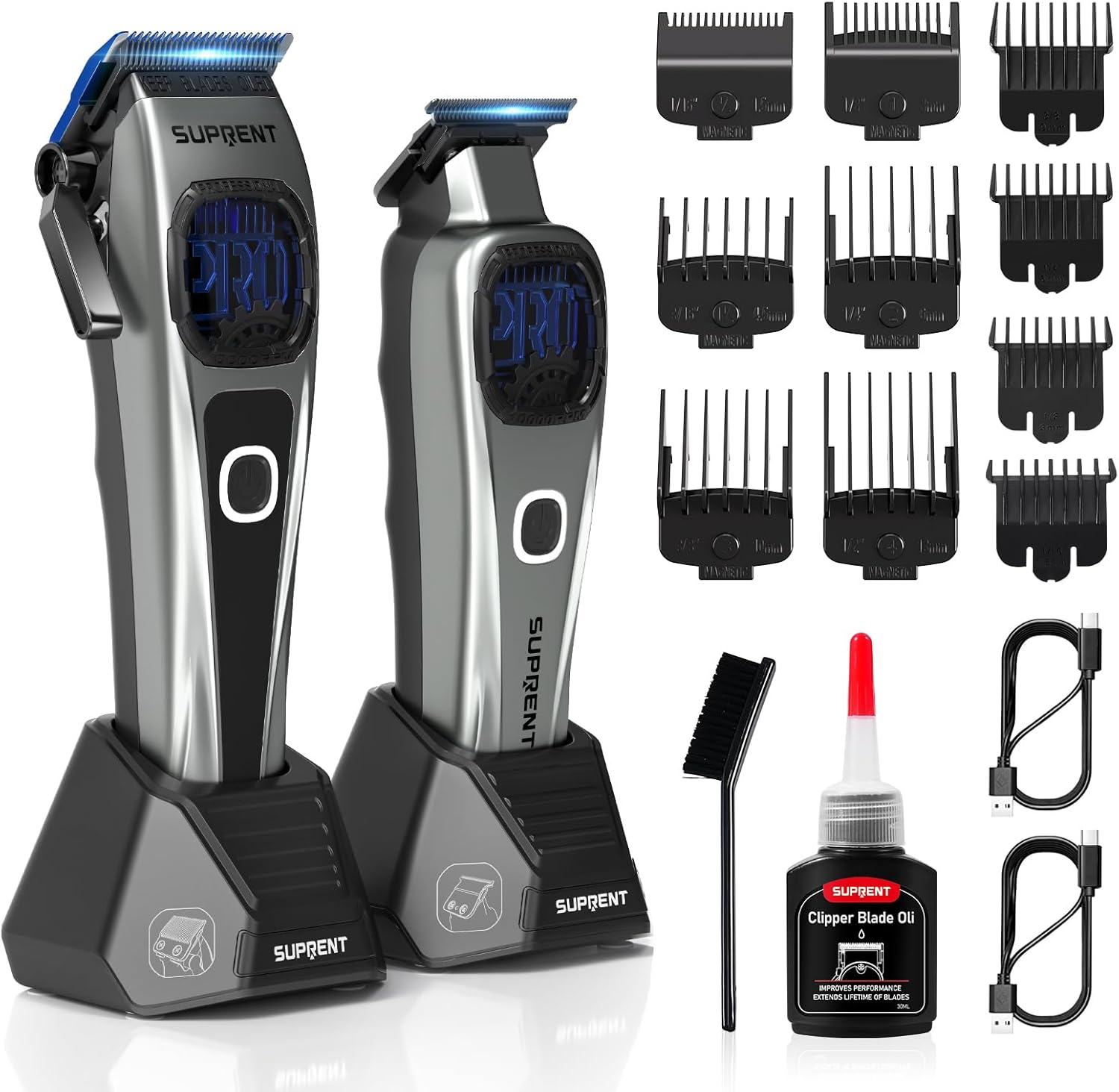 SUPRENT Professional Hair Clippers for Men - Barber Clippers & Zero-Gapped Trimmer Combo with Charging Stand, 10000 RPM Motor Speed Hair Cutting Kit, Blue Titanium-Coated Blades (Gray) image number 2