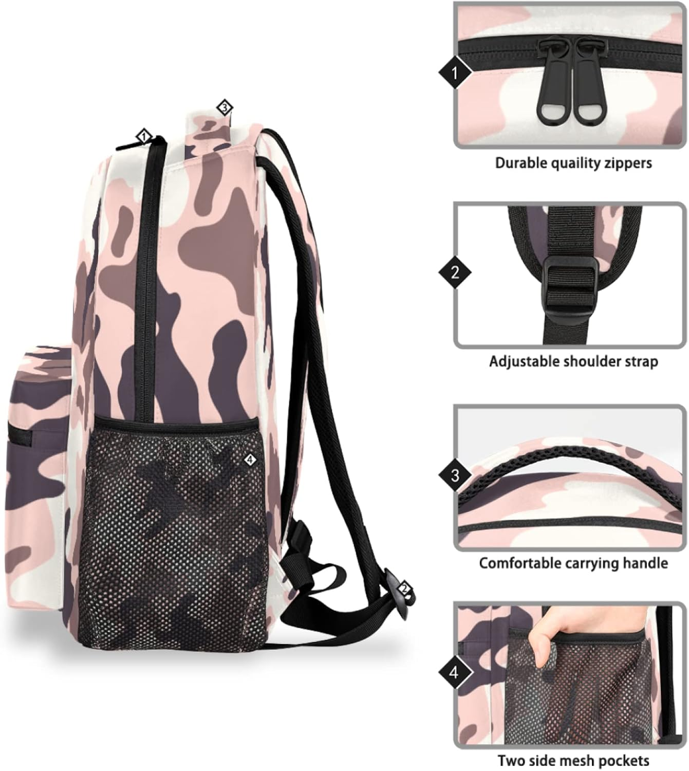 Tropicallife Pink Camouflage Stripes Kids Backpack Camo School Bags for Girls Boys Durable Canvas Casual Dayback with Double Mesh Side Pockets image number 5