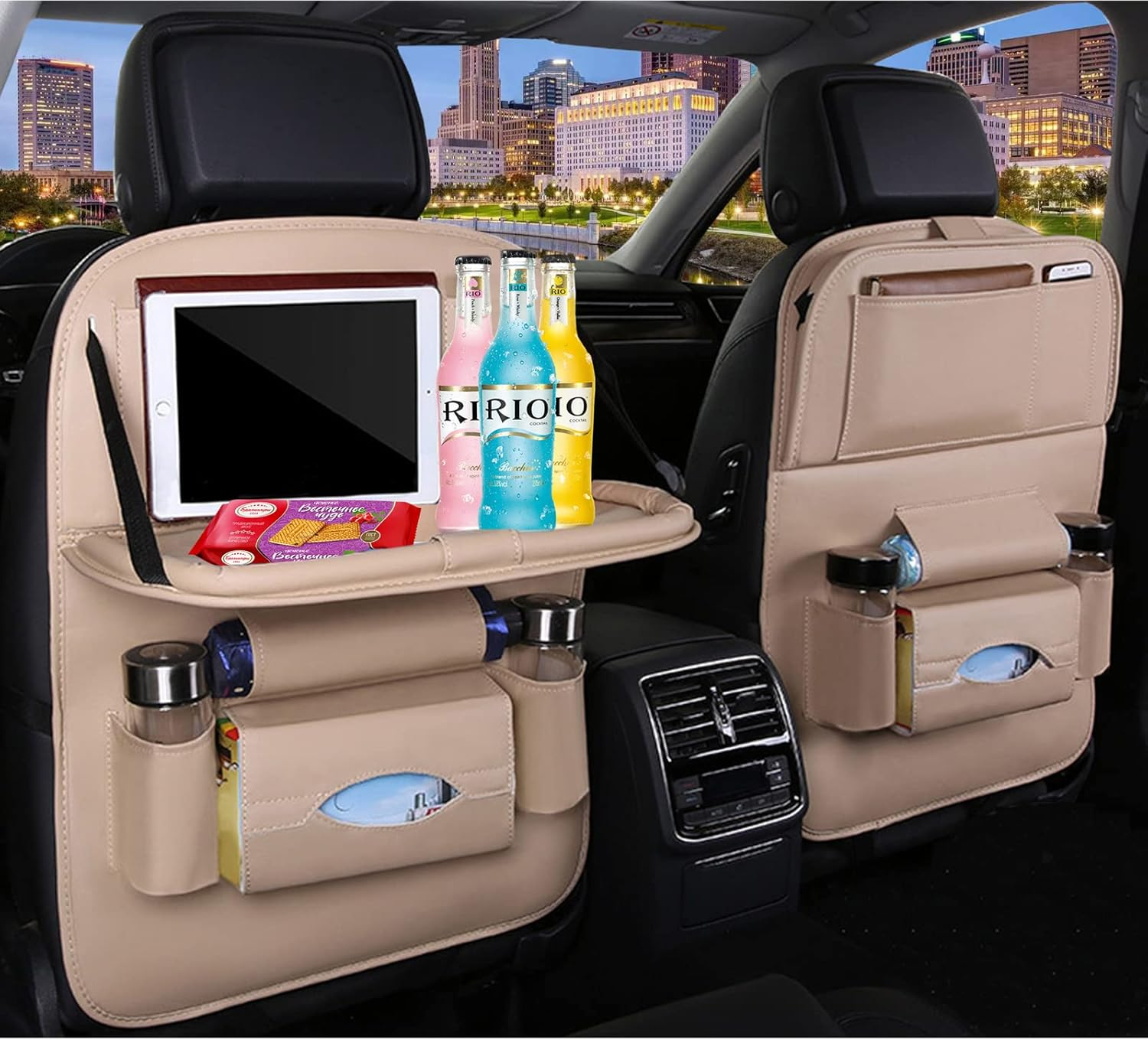 Premium PU Leather Backseat Seat Organizer with Foldable Table, Multi-Storage Pockets and Adjustable Buckle Strap - Beige