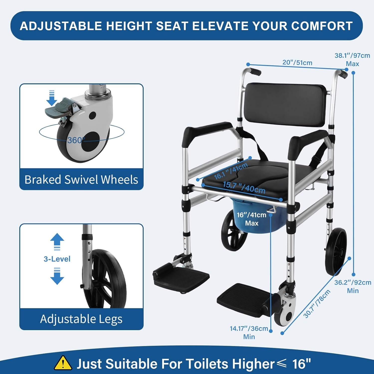 Rolling Shower Chair with Wheels for Elderly and Disabled, Foldable Wheelchair Lightweight Folding, Bedside Commode Chair with Arms for Toilet, Raised Toilet Seat Raiser with Handle for Senior image number 2