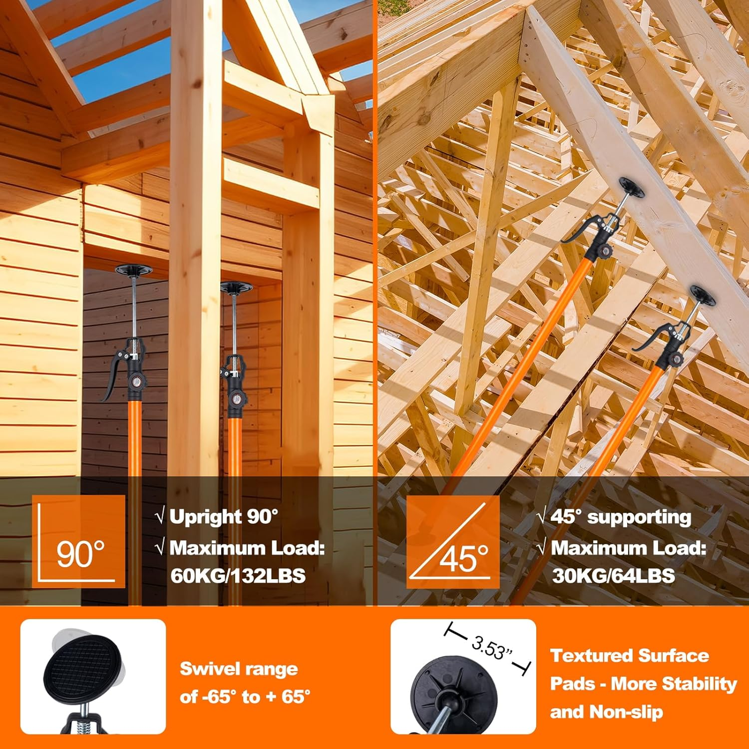 MANQO Cabinet Jack for Installing Cabinet Support Rod 3Rd Hand Support System Adjustable Support Pole,Extend from 115-290 Cm, Orange Point Design