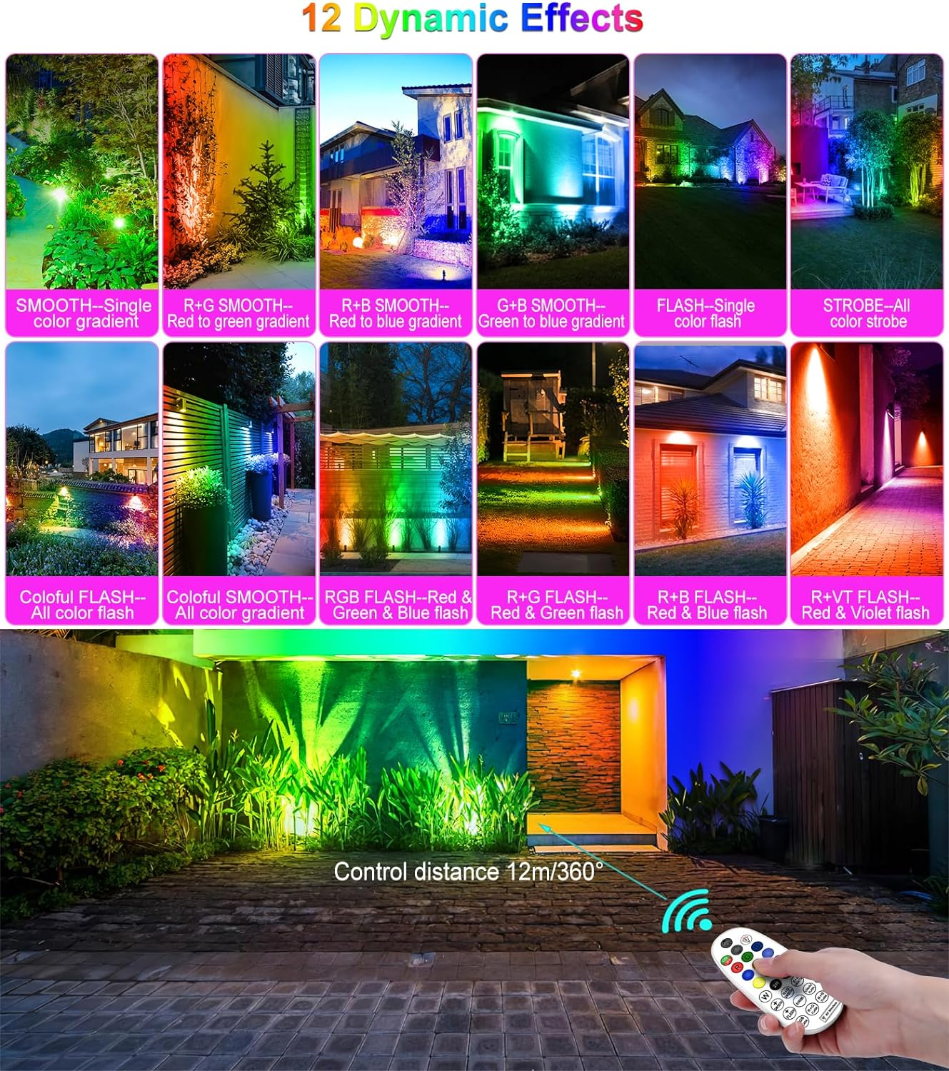 Meihua Solar Spotlights 3 in 1 with Remote Control RGB Outdoor Landscape Light IP66 Waterproof Garden Light 10 Colors 12 Modes with Timer Memory Funtion for Gardens Statue Pathway Patio image number 3