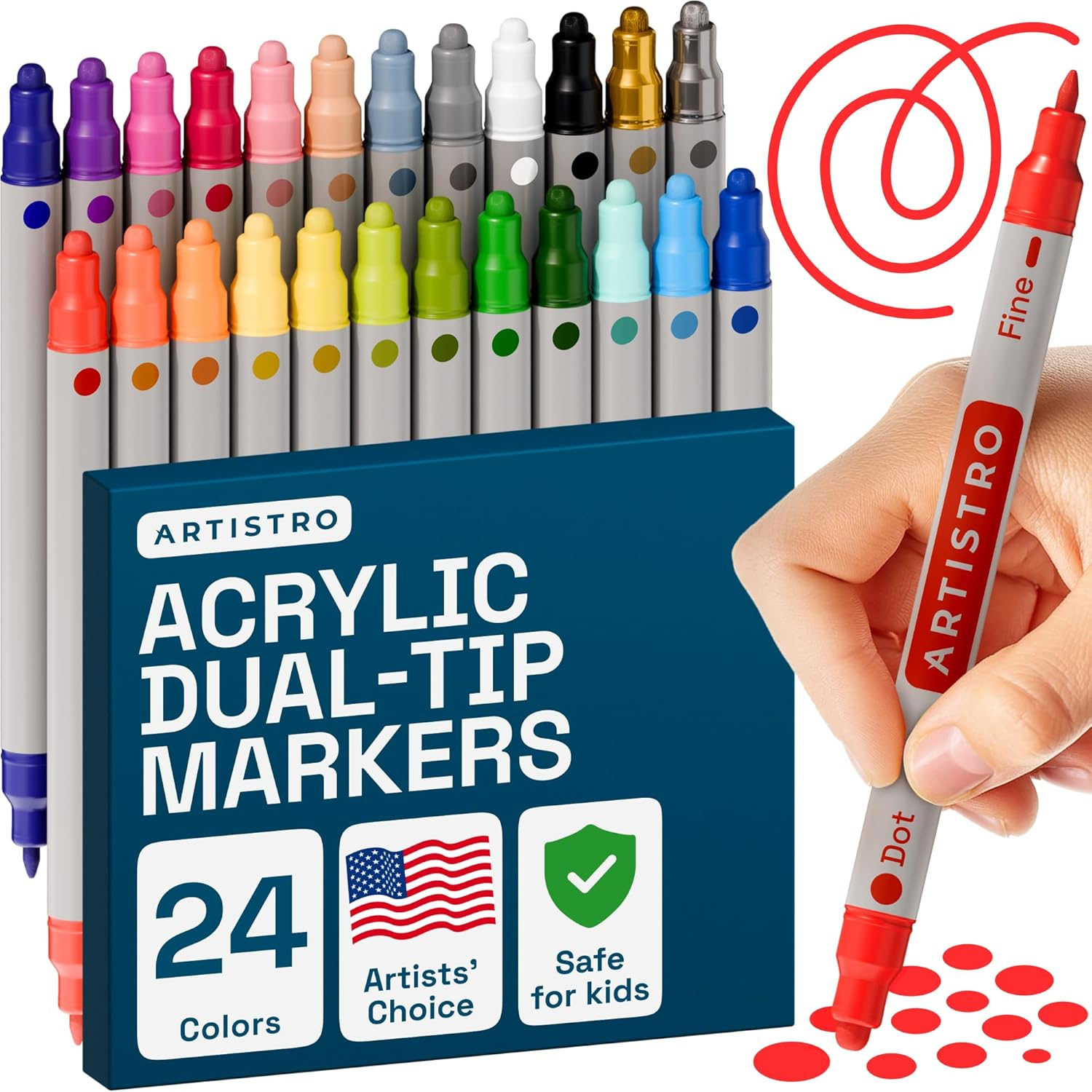 ARTISTRO 24 Colors Acrylic Paint Pens, Dual Tip (Fine 1Mm + Dot 5Mm) for Fabric, Canvas, Rock, Glass, Wood, Paper, DIY, Paint Markers for Kids & Adults image number 3