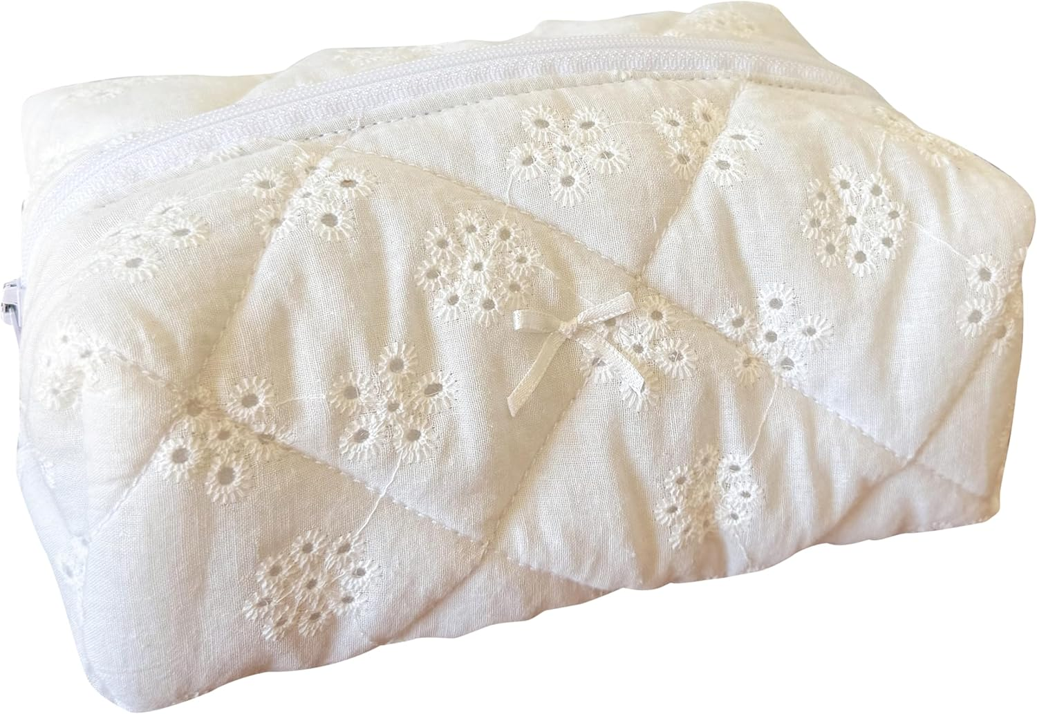 ZUNUONUO Handmade Quilted Cotton Makeup Bag for Women - Cute Cosmetic Pouch, Travel Toiletry & Make up Organizer, Coquette Aesthetic Skincare Bag, Travel Essentials, Embroidery White, Coquette image number 2