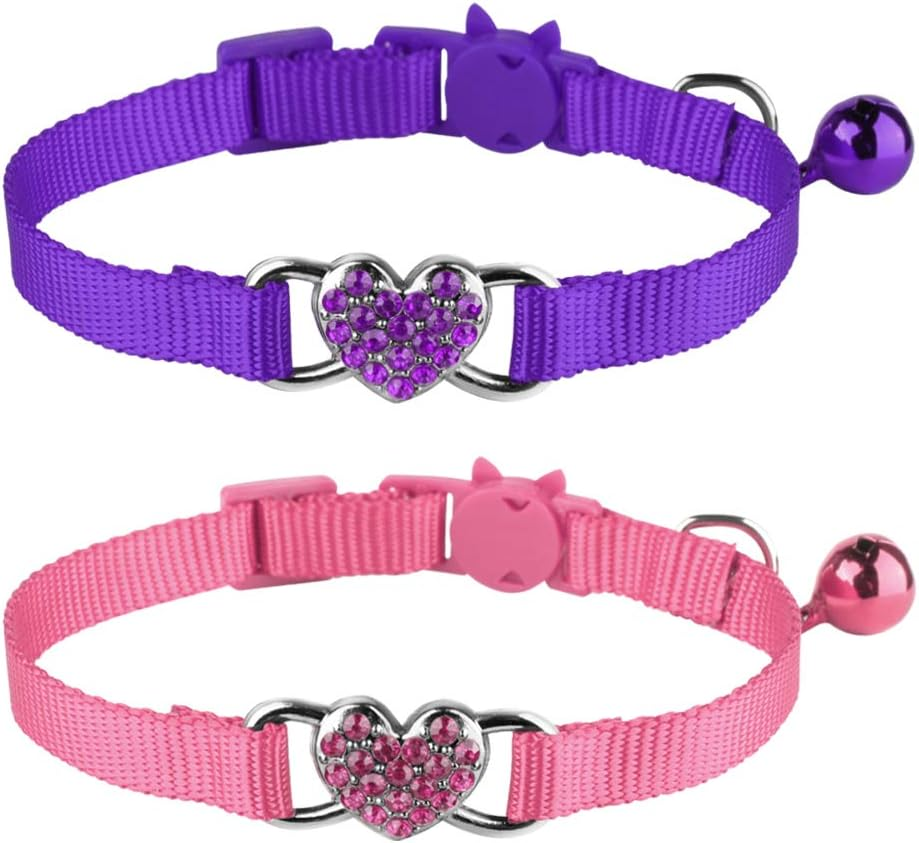 Mtliepte 2 Pcs Cat Collars Heart Bling Breakaway with Bell Nylon Adjustable for Kitty (Pink+Purple) - Black+Pink image number 3
