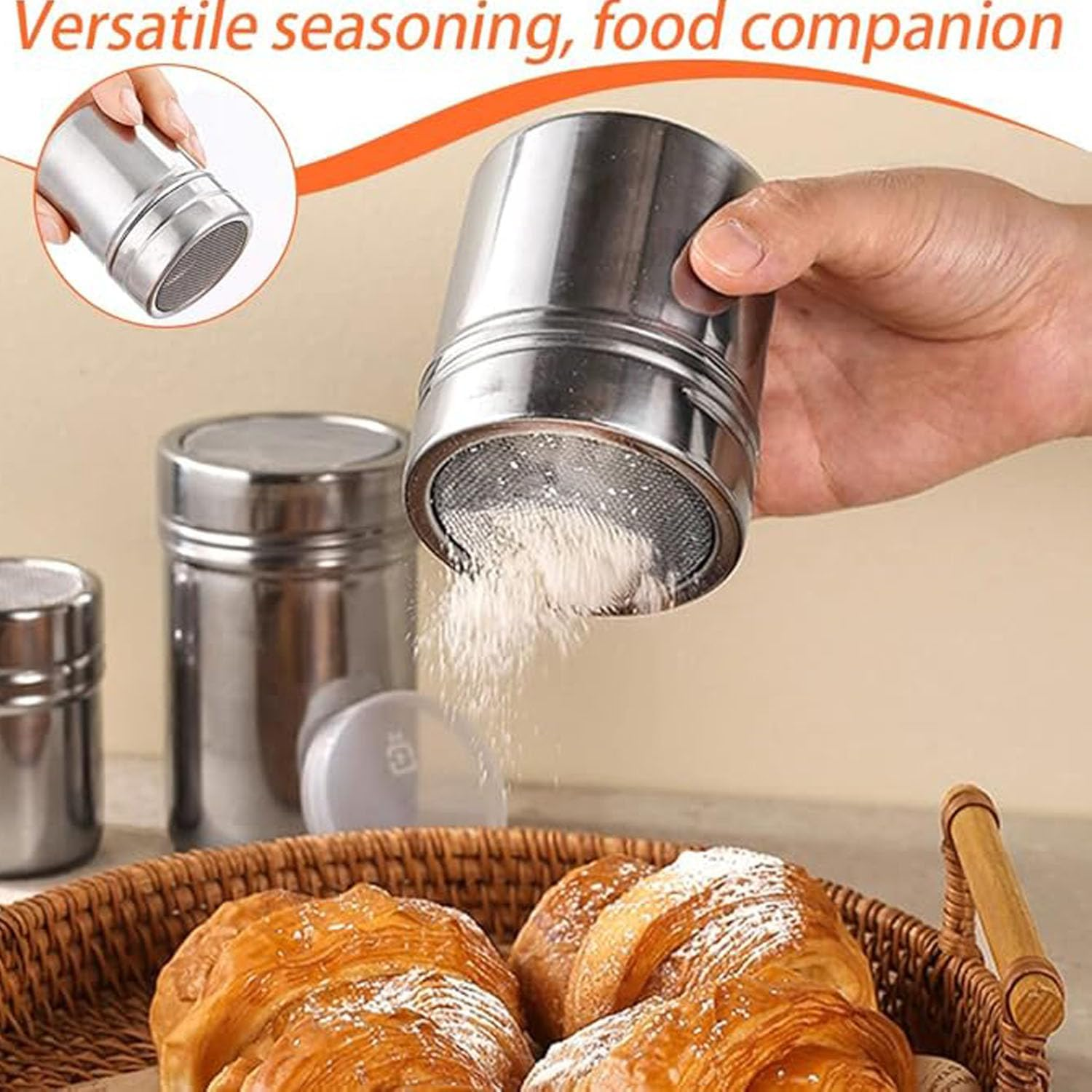 EOMECUIGAO Stainless Steel Powder Shaker 2PCS Powder Dispenser with Dust Cap Cocoa Powder Dispenser Pepper Shaker Barbecue Seasoning Bottle Coffee Utensils