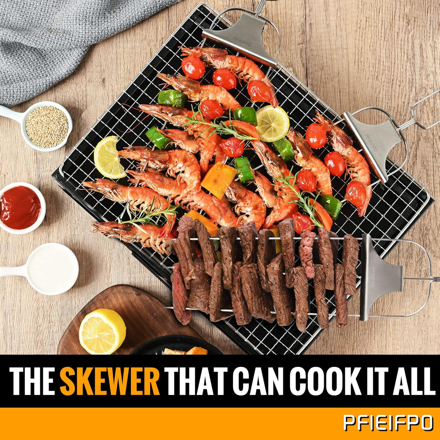 3PCS Grilling Savant 3Way Skewers,14Inch Metal Skewers for Grilling,Easy to Use Push Bar Slider,Bbq Accessory, Perfect for Meat,Veggies,Fruits,Marshmallow Roasting Sticks Grill Kabob Skewer. image number 4