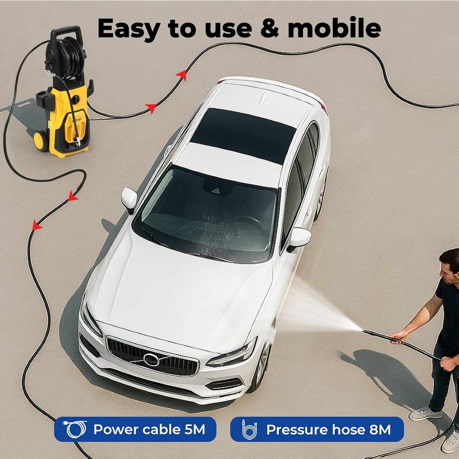 Traderight 1800W Electric Pressure Washer, 135 Bar High Pressure Cleaner with Hose Reel, Adjustable Nozzle & Foam Tank, Jet Blaster for Car, Driveway, Patio & Garden Cleaning image number 4