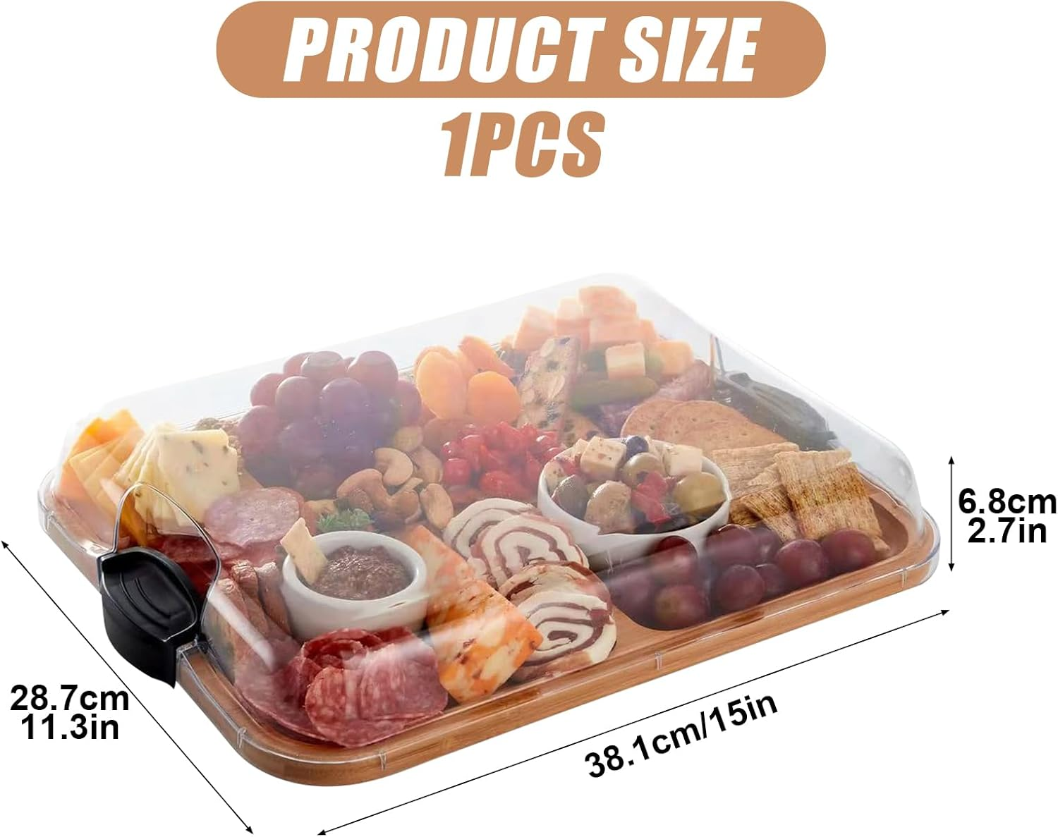 Charcuterie Board with Built-In Compartments and Clear Locking Lid with Black Handles - Perfect Charcuterie Board and Snack Tray for Parties and Entertaining, 11X14 Inches image number 5