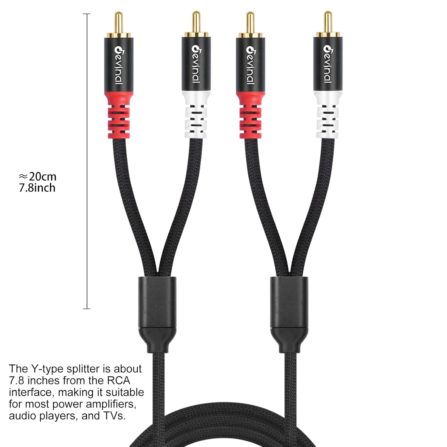 Devinal 25FT RCA Cables, 2RCA to 4RCA Audio Cable, Male Stereo RCA Cord Shielded Braided for Home Theater, HDTV, Amplifiers, Hi-Fi Systems, Car Audio, Speakers image number 2