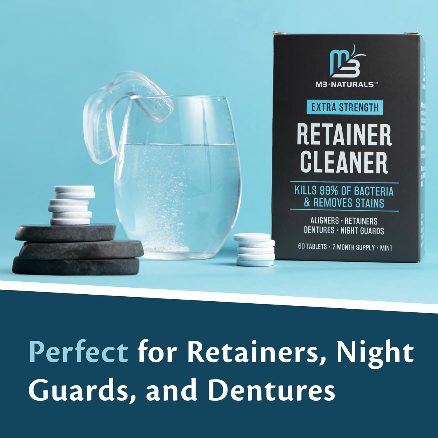 Retainer Cleanser Tablets Cleaner FSA HSA Approved Remove Odors Discoloration Stains and Plaque 2 Month Supply Denture Cleansers Retainers Mouth Guards Denture Bath Mint by M3 Naturals image number 2