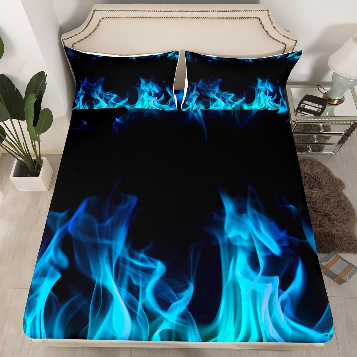 Blue Flame Bed Linen Set M Size, Cool Burning Flames Fitted Sheet Children Boys Men Teens Room Decor, Modern Fashion Comforter Cover Soft Black Deep Pocket Sheet, 1 Pillowcase image number 3