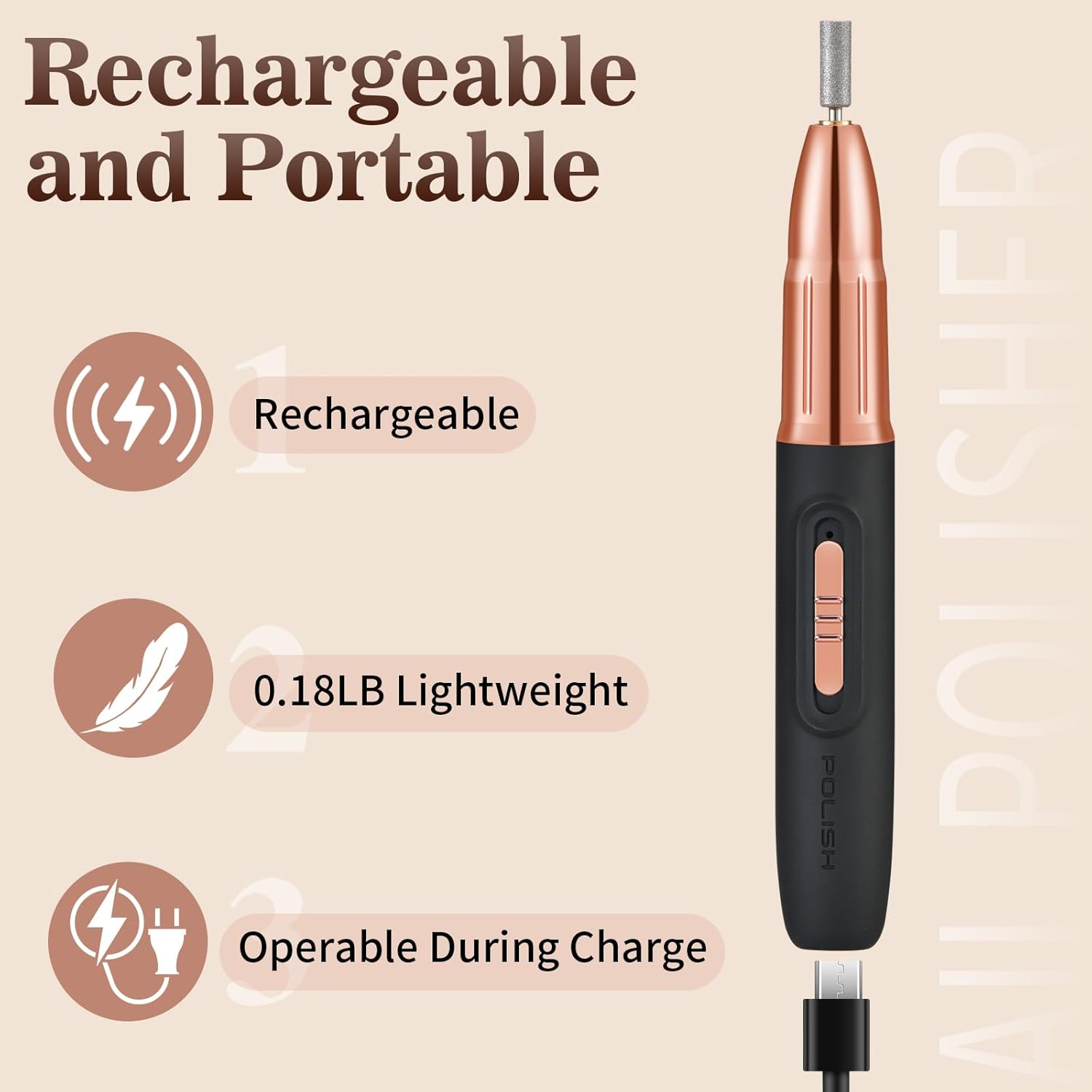 ELEHOME Electric Nail Drill File, Cordless Nail Drill for Acrylic Gel Dip Powder Nails, Rechargeable Electric Nail File Machine E File for Manicure Pedicure Polishing Shape, Black - Black image number 6