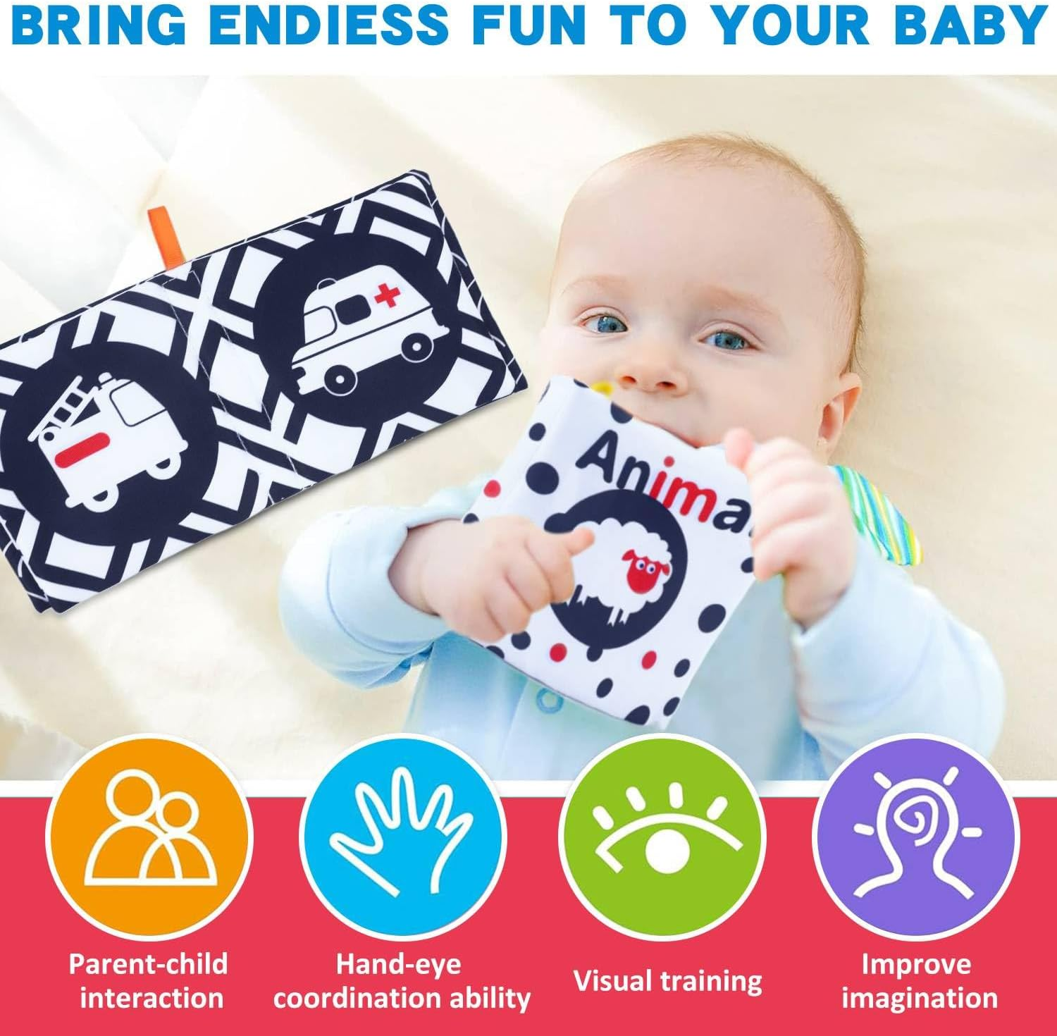 Baby Books Toys, 3 Pack White and Black Cloth Book Set, Touch and Feel Crinkle Cloth Book for Infant Babies 0-6 Months, Early Education Sensory Soft Toy, Baby Gifts Christmas Stocking Stuffers image number 2