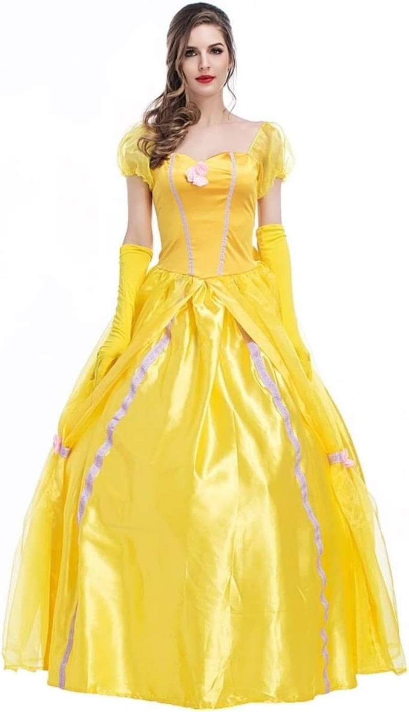 Costume Bay Womens Yellow Princess Dress Costume Satin Dress Gloves Halloween Cosplay Fantasy Ball Gown Yellow Royal Elegant Outfit Set