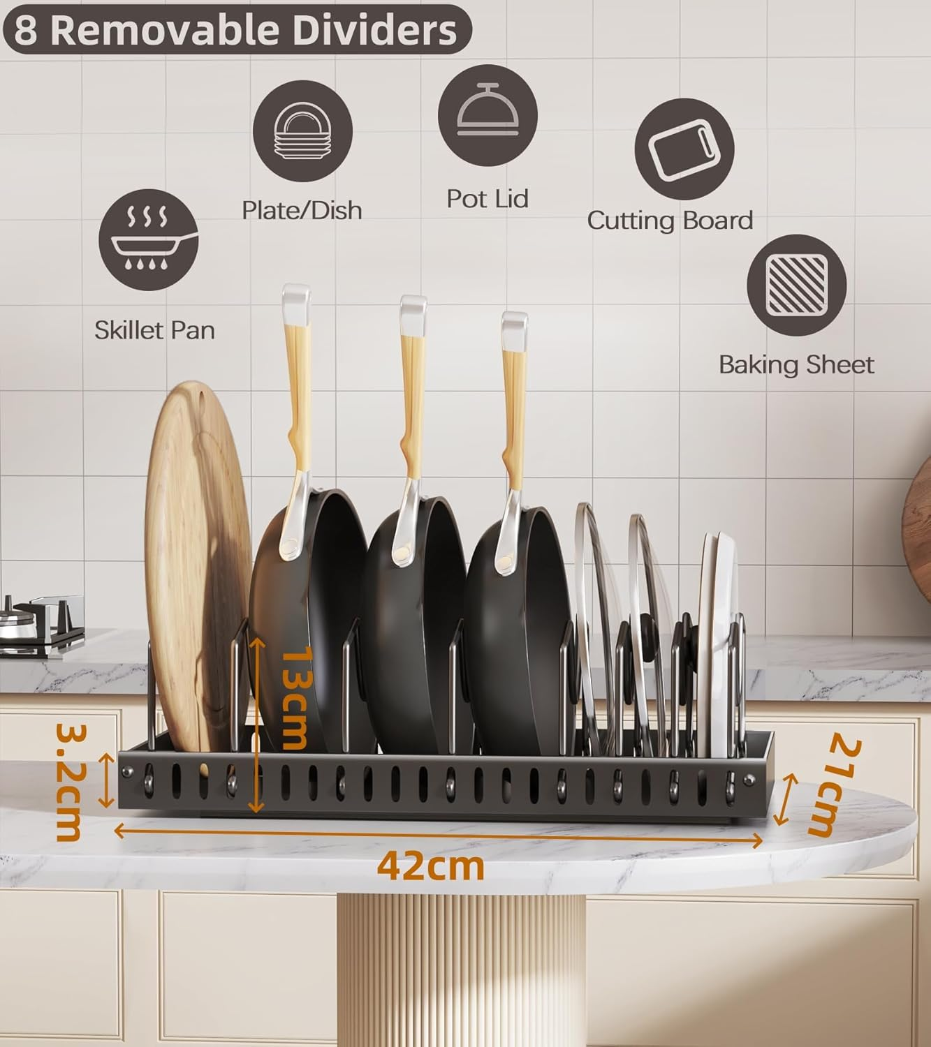 FORYUSE 2 Pack Pull Out Pots and Pans Organiser under Cabinet Sliding Lid Holder Rack Slide Out Bakeware Dishes inside Cabinet Kitchen Storage 8 Adjustable Dividers image number 6