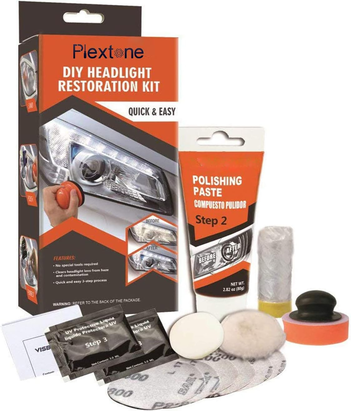 Plextone Professional Headlight Restoration Kit DIY Headlamp Brightener Car Care Repair Kit Head Lense Clean(Manual) (S205-M)1 image number 1