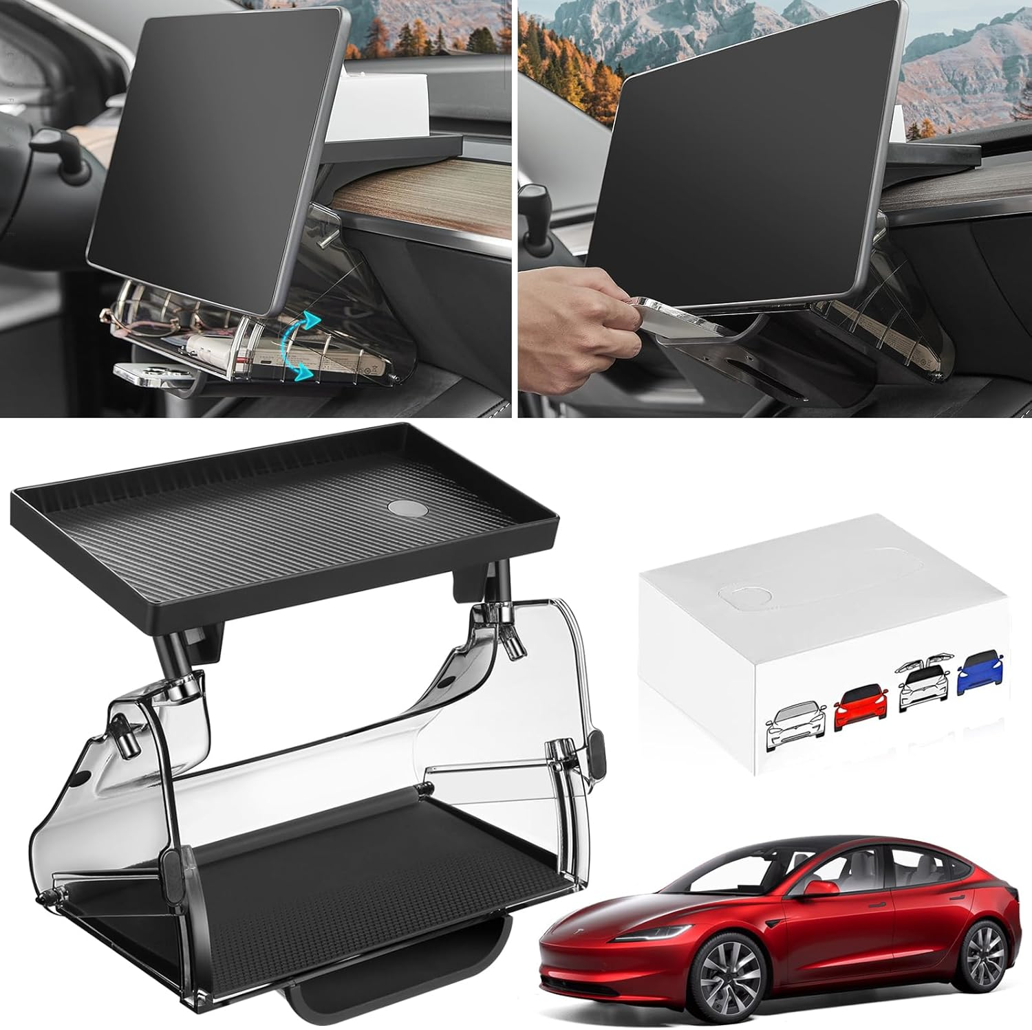 Car Center Console Organizer for Tesla Model 3 Model Y, Magnetic Tray under Screen Storage Box Dashboard Holder for Tesla Interior Accessories image number 3