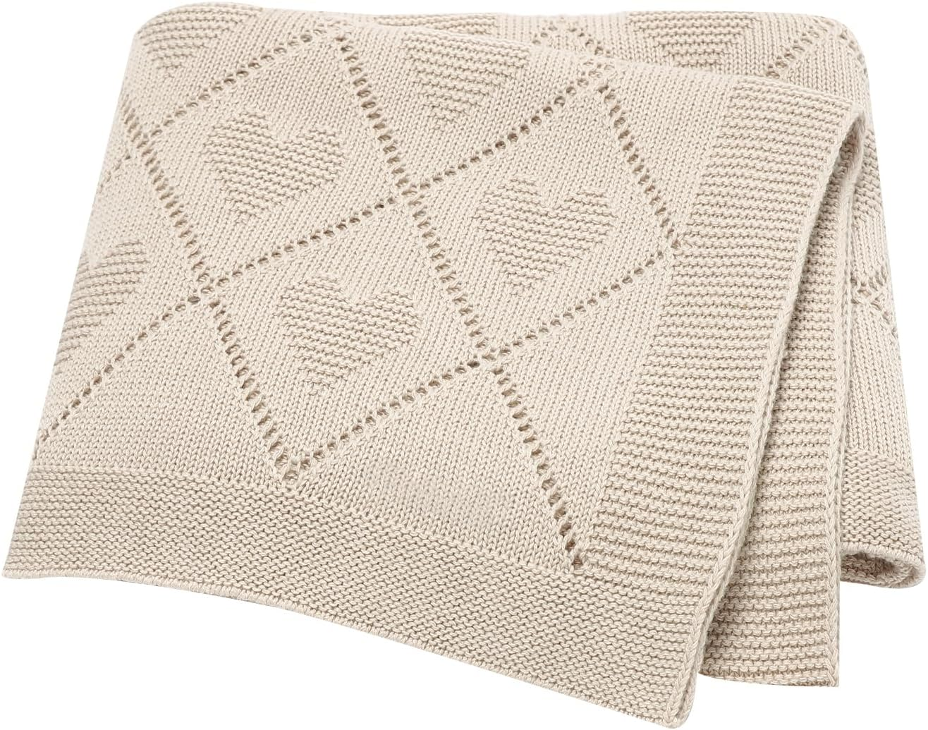 Hadetoto 100% Cotton Baby Blanket Knit Soft Cozy Swaddle Receiving Blankets Toddler Infant Blanket with Lovely Elephant for Newborn Boy Girls - Camel, 90 X 70Cm