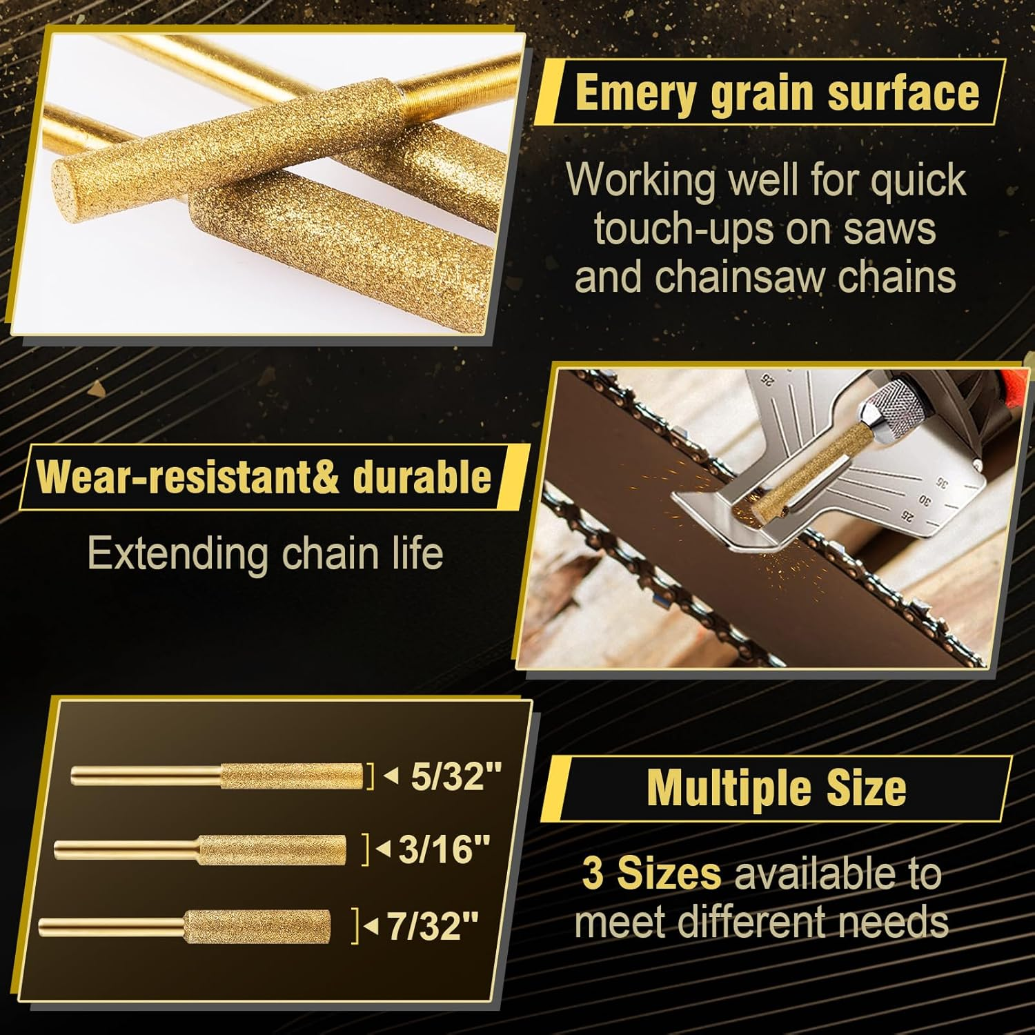 36Pcs High Hardness Diamond Chainsaw Sharpener, Durable Emery Made, Easy to Install, 3 Sizes Titanium Plated Sharpening Wheels for Chainsaw Sharpener, 12 Pcs Each Size(5/32'', 3/16'', 7/32'') image number 5