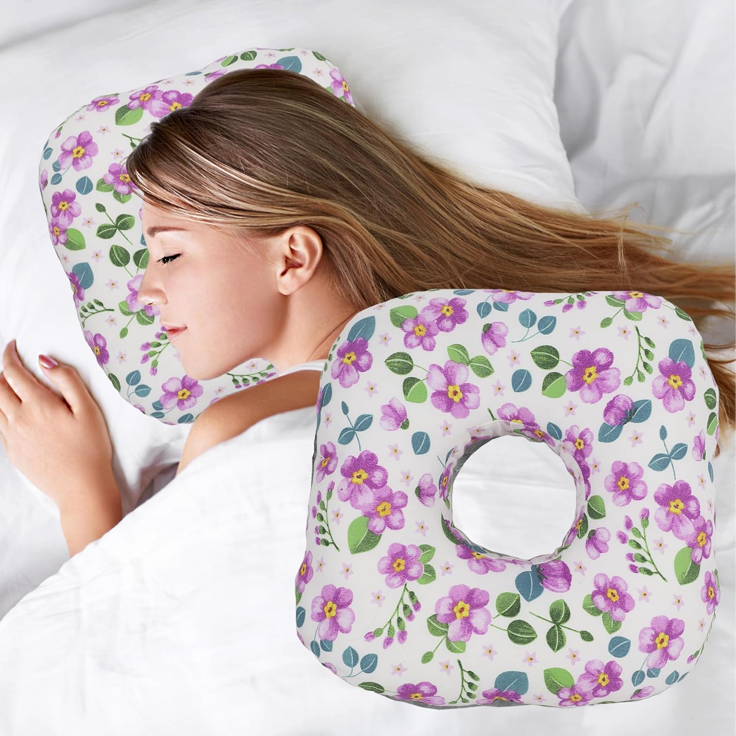 Ear Piercing Pillow for Side Sleepers, Pillow with an Ear Hole for CNH and Ear Pain Ear Inflammation Pressure Sores, O-Shaped Side Sleeping Pillow, Ear Guard Pillow (Blue Iris Flowers) image number 6