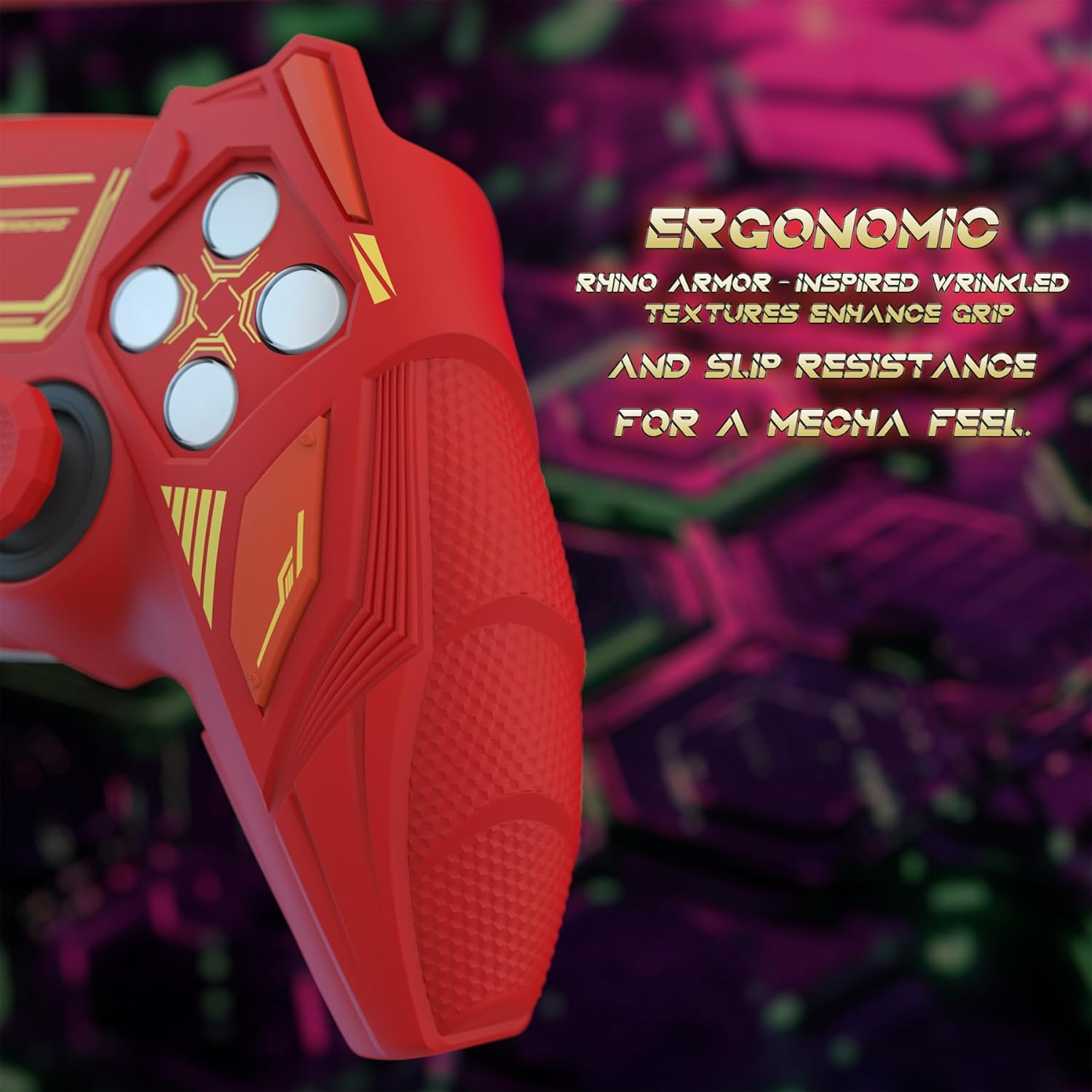 Playvital Mecha Rhino Silicone Cover for Ps5 Controller with Thumb Grips & Stickers, Anti-Slip Controller Grip Skin Accessories Compatible with Ps5 Charging Station - Maple Red & Brick Red image number 2