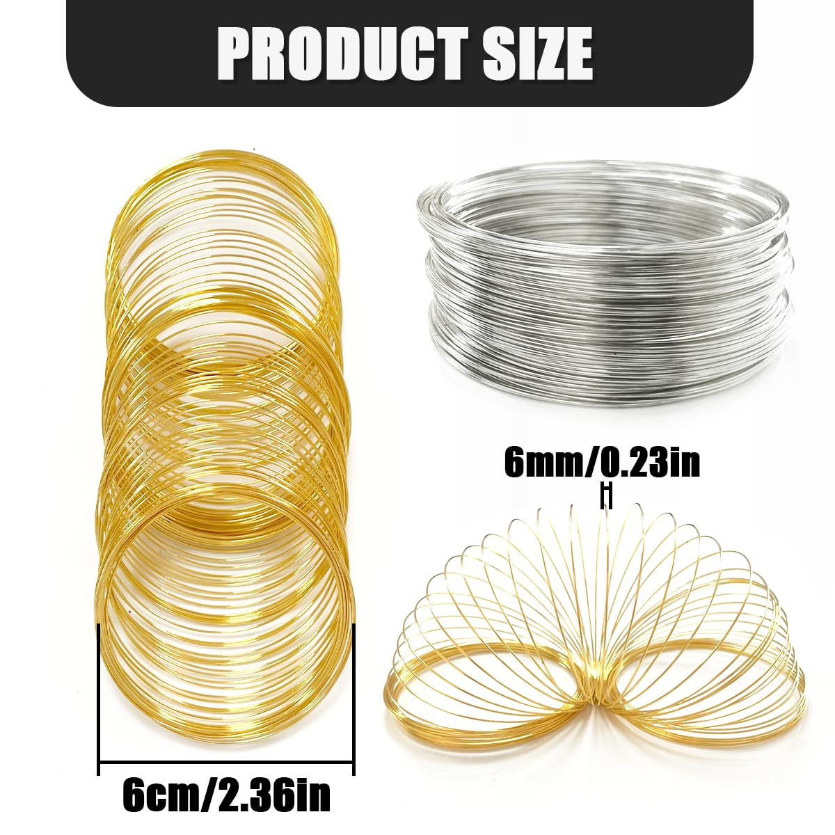 Memory Beading Wire, 200 Loops Jewelry Wire for Bracelet Necklace, DIY Craft (Gold, Silver) image number 3