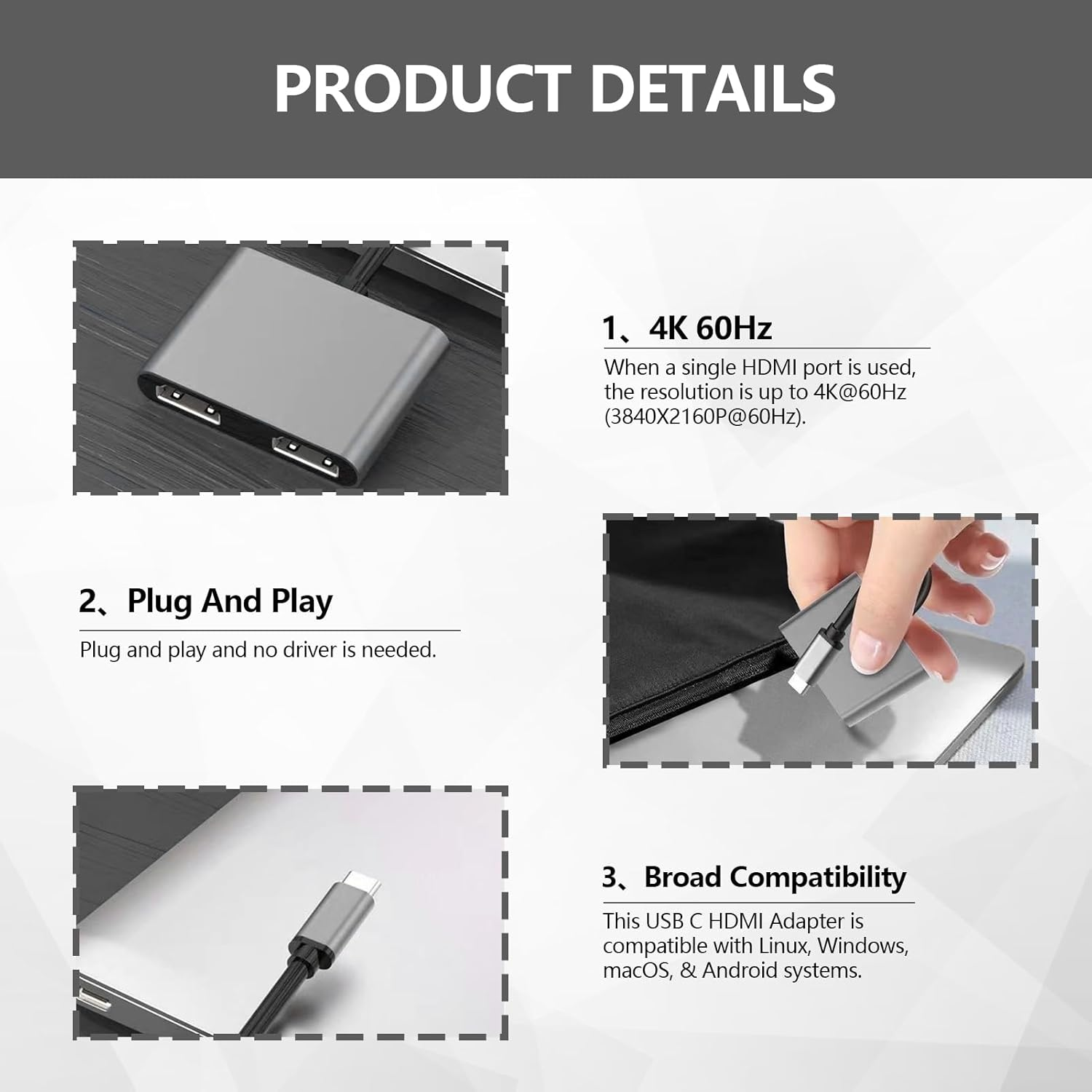 USB C HDMI Splitter, USB C to Dual HDMI Adapter 4K@60Hz, HDMI Splitter for Dual Monitors Extended Display, Support Dual Monitors 4K 30Hz, Compatible with Macbook, Macbook Pro, Dell XPS (Grey) image number 5