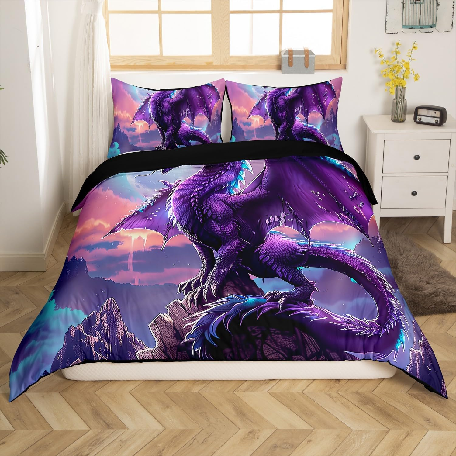 Erosebridal 3D Dragon Duvet Cover Set, Purple Galaxy Full Bedding Sets Magic Animal Wildlife Comforter Cover, Dragon Theme Bed Cover (Zipper Closure) image number 5