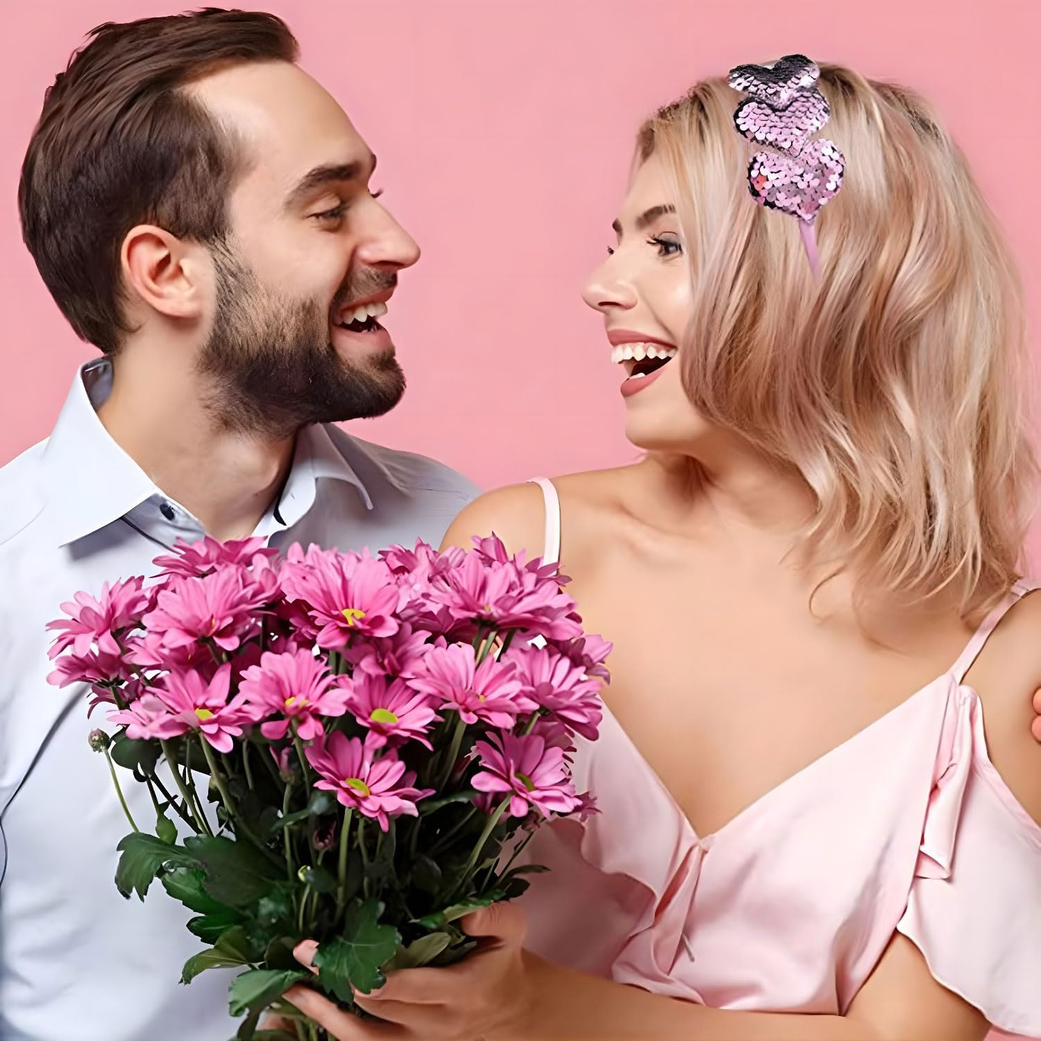 HATOTO Valentines Day Heart Headband Pink Sequins Hair Band,3 Glitter Love Hearts Hair Accessories for Women Girls Kids, Birthday New Year Wedding Party Costumes Headdress Decoration Hair Hoop - Style 1 image number 6