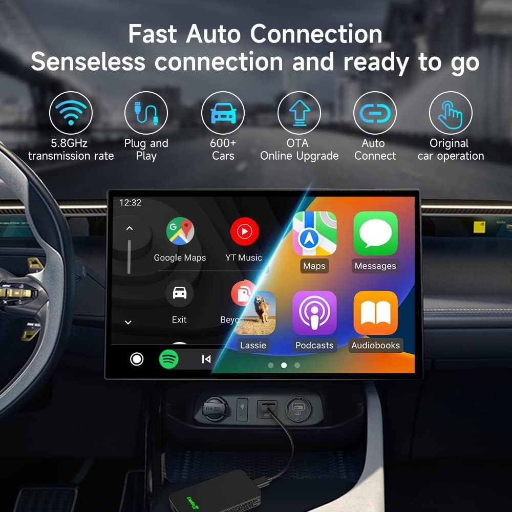 Carlinkit 5.0 2Air Wireless Carplay/Android Auto Adapter, 5.8Ghz Wifi, Auto Connect, OTA Upgrade, Plug & Play, Wired Carplay to Wire-Less, 2 in 1 Wireless Car CP/AA Adapter for I-Phone&Android Phone