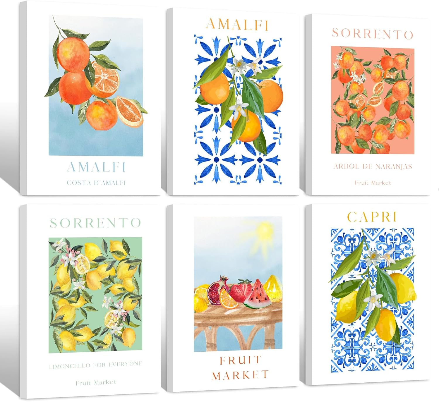 Fruit Wall Art Kitchen Artwork Wall Decor Fruit Prints Colorful Lemon Canvas Wall Art Vintage Pictures Fruit Market Poster Lemon Orange Prints Set of 6 for Room Bedroom 8X10 Inch Unframed