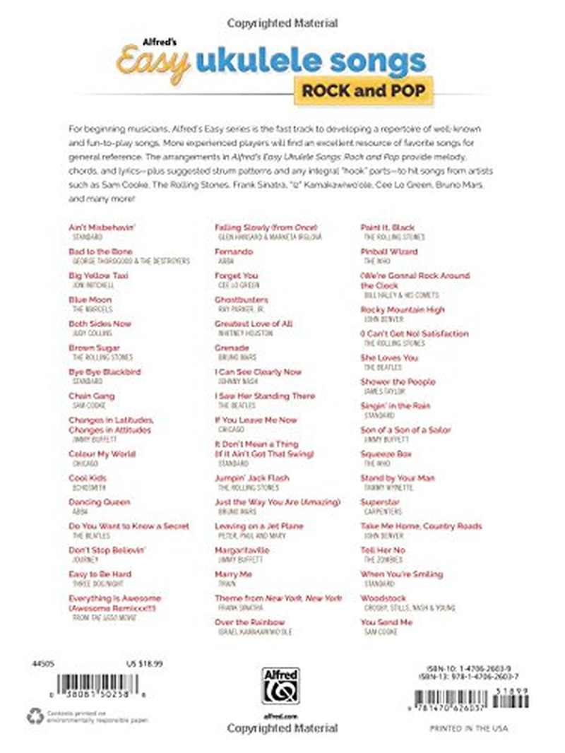 Alfred'S Easy Ukulele Songs -- Rock & Pop: 50 Hits from across the Decades