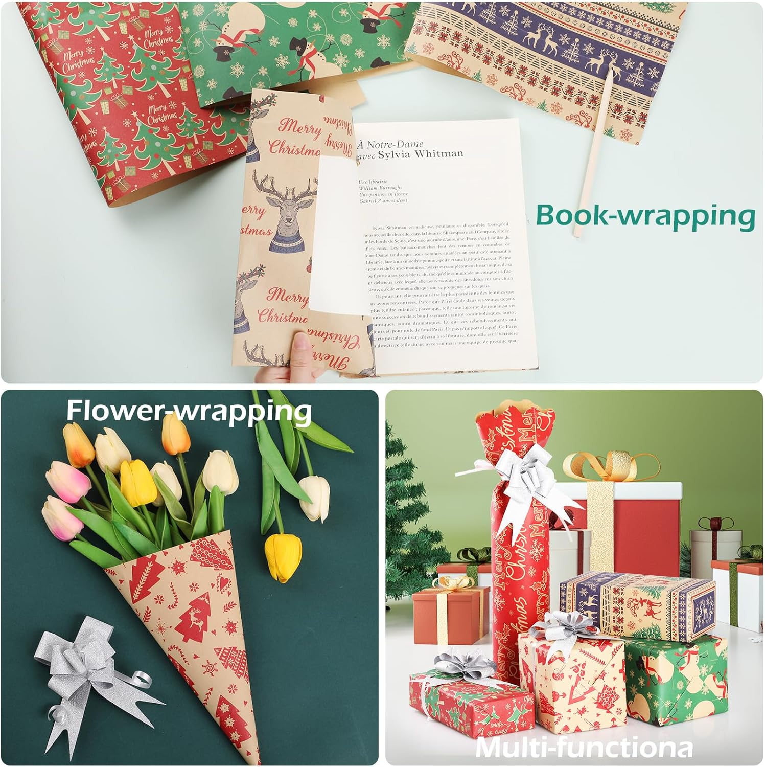 Wrapping Paper 50 * 70CM Xmas,Geeric 6PCS Wrapping Kraft Paper+Tape+9Tag+10Pull Bow+Renewable Santa Claus Snowflakes Vintage DIY Package Gift Box Decoration Paper for Christmas New Year Party - Style 1 image number 6