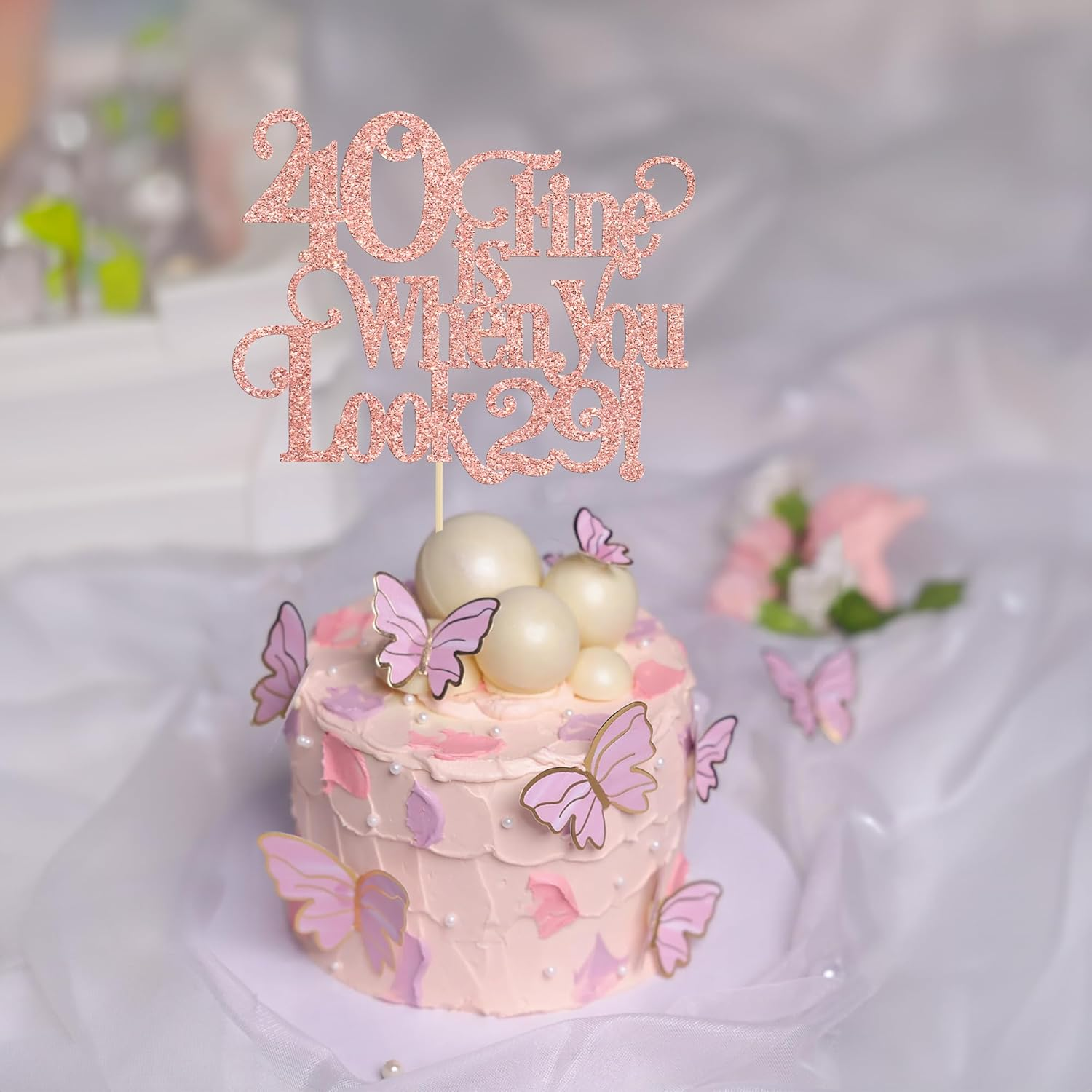 Ephlyn 1Pc 40 Is Fine When You Look 29 Cake Topper Glitter Funny 40Th Birthday 40 and Fabulous Cake Topper Decorations for Happy 40Th Birthday Party Decoration Supplies Rose Gold - Blue image number 6