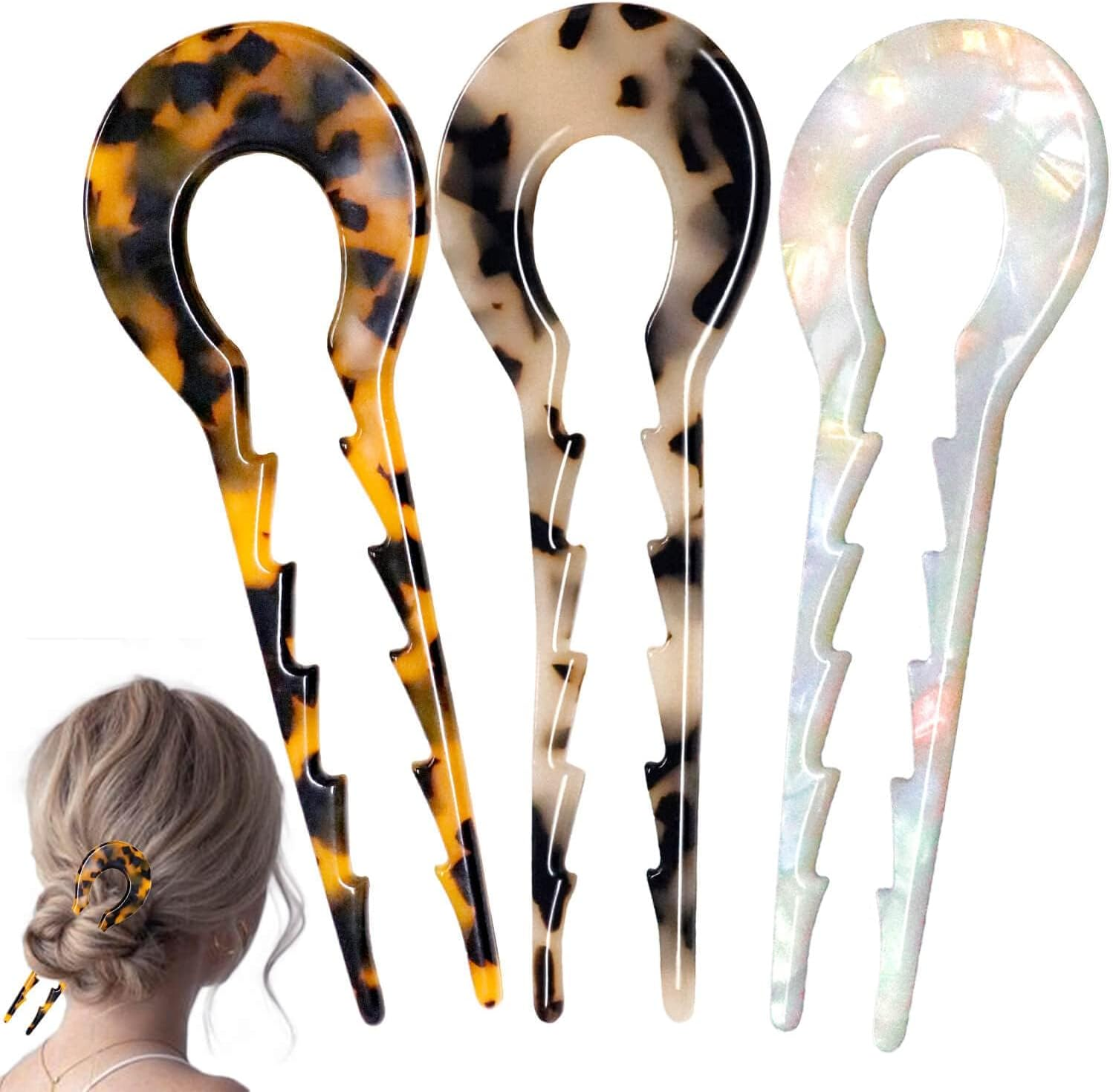 LAPOHI 5.3 Inch 3 PCS Large U Shaped French Hair Pins, Acetate French Hair Sticks Forks for Vintage Hair Updos Buns Thick Hair(Amber Gradient&Tortoise Shell&Creamy Yellow)