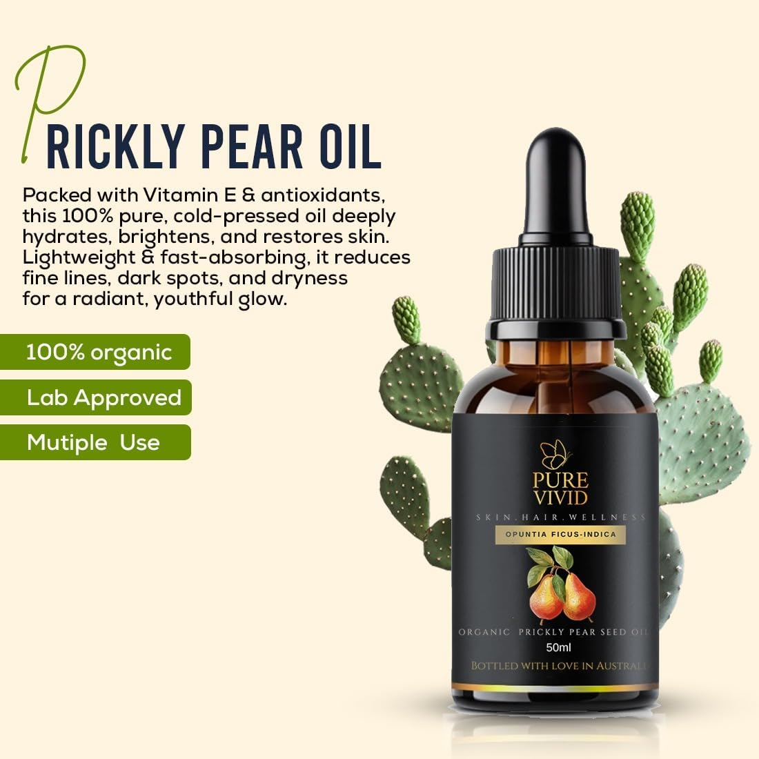 ORGANIC PRICKLY PEAR SEED OIL 50Ml | Roll on Glass Bottle |- Cold-Pressed for Face, Hair, Skin, and Body - Deep Moisturizing Prickly Pear Seed Oil for Dry Oils Skin and Natural (50 Ml) image number 3