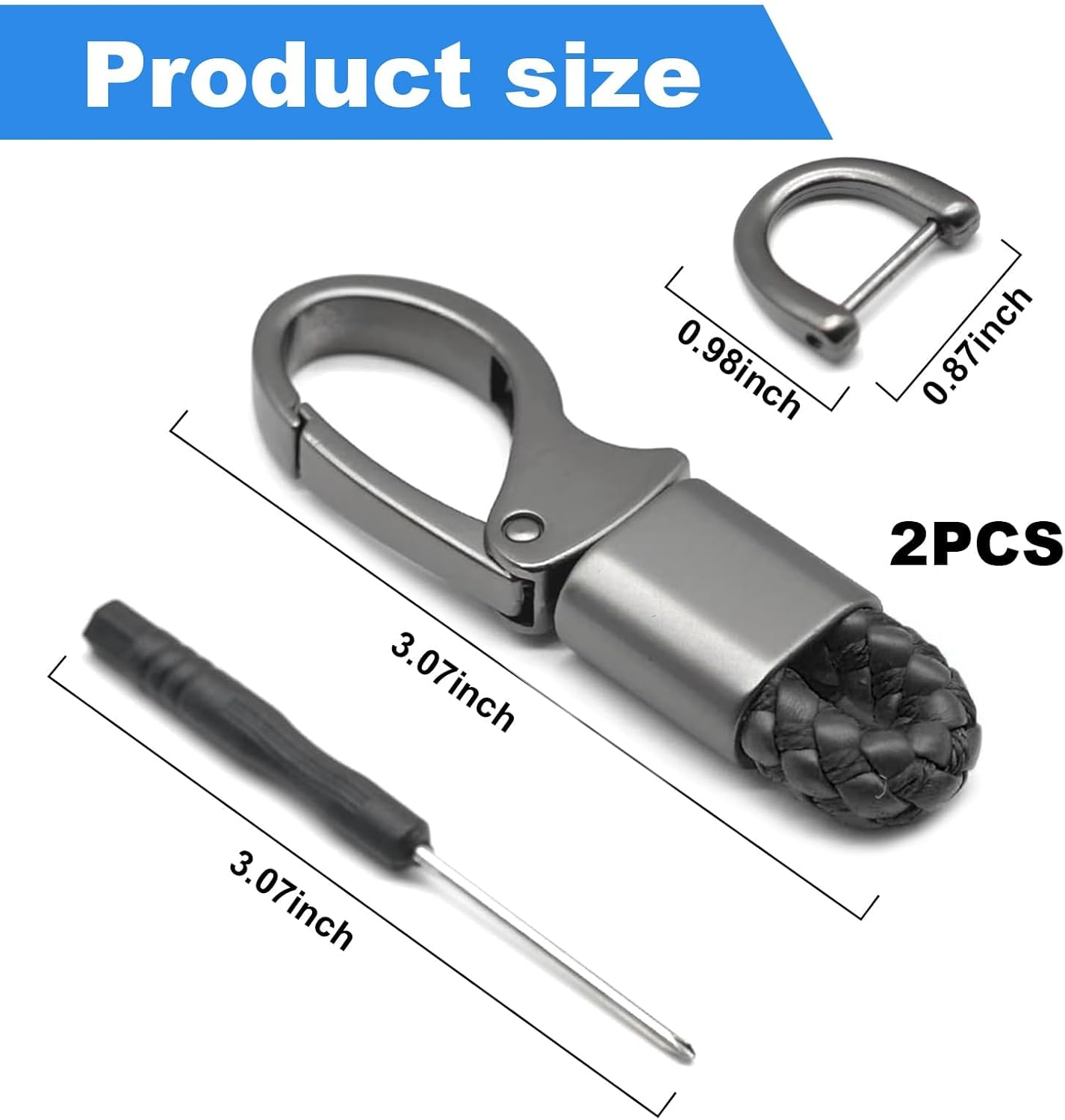 2PCS Car Key Fob Keychains, 360 Degrees Rotatable Leather Keys Chain Holder with Anti-Lost D-Ring, Universal Sturdy Metal Key Chains with Screwdriver for Women and Men image number 2