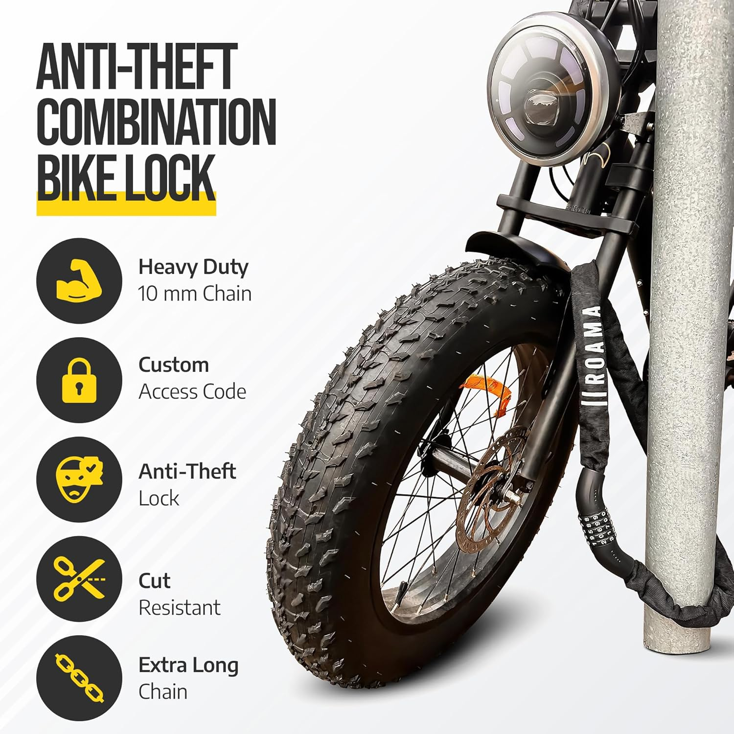 Roama 10 Mm Combination Bike Chain Lock 120 Cm Chain, Built-In Combination Lock Security, Heavy Duty Steel Links, Extra Long Length, Anti-Theft Bike Lock for Electric, Road, Dirt, Off-Road Bicycles image number 4