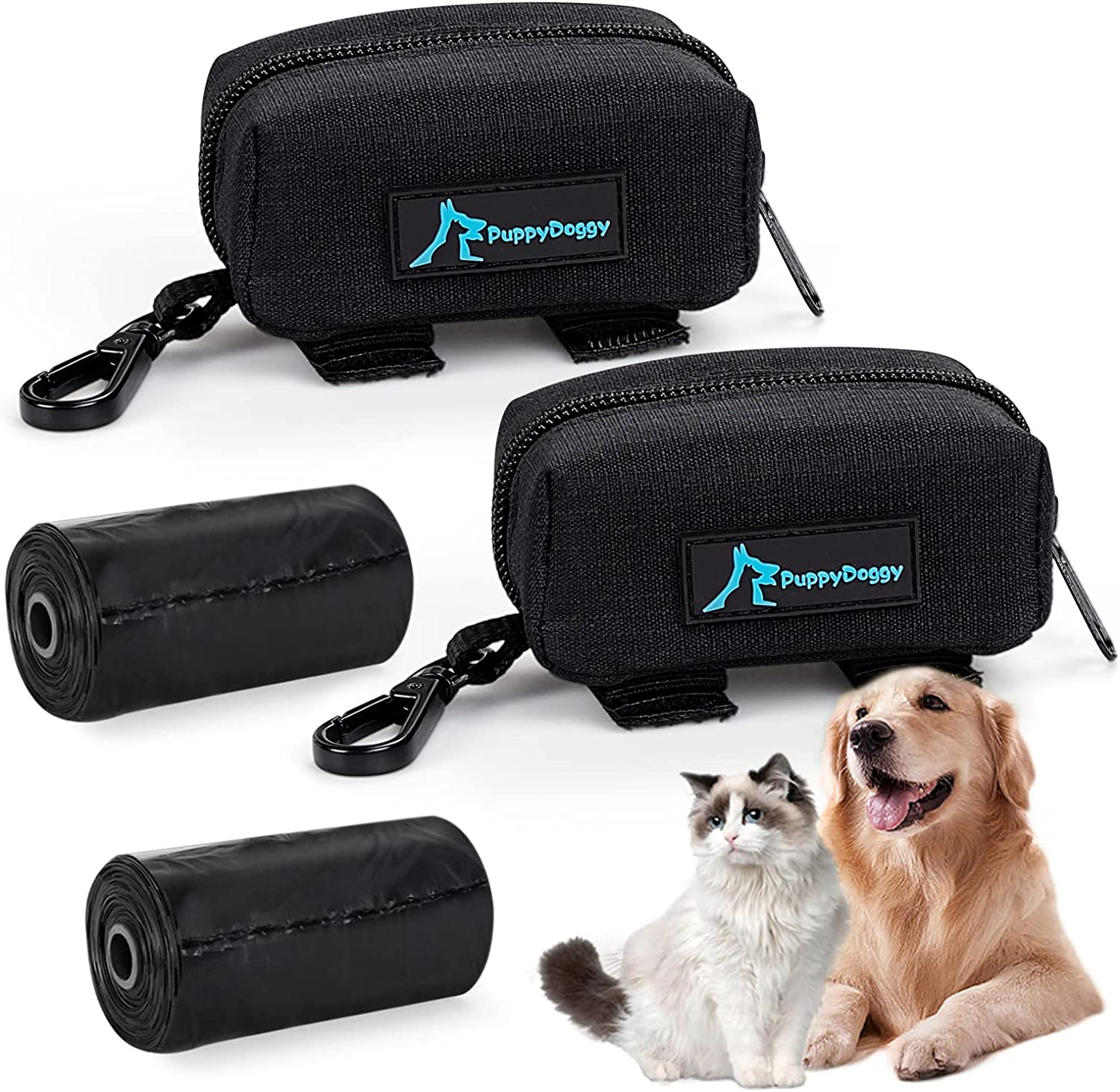 Puppydoggy Dog Poop Bag Holder for Leash Black Waste Bag Dispenser with 1 Roll of Free Poop Bags for Leash Accessory Bicycle (Black, 1 Pack)