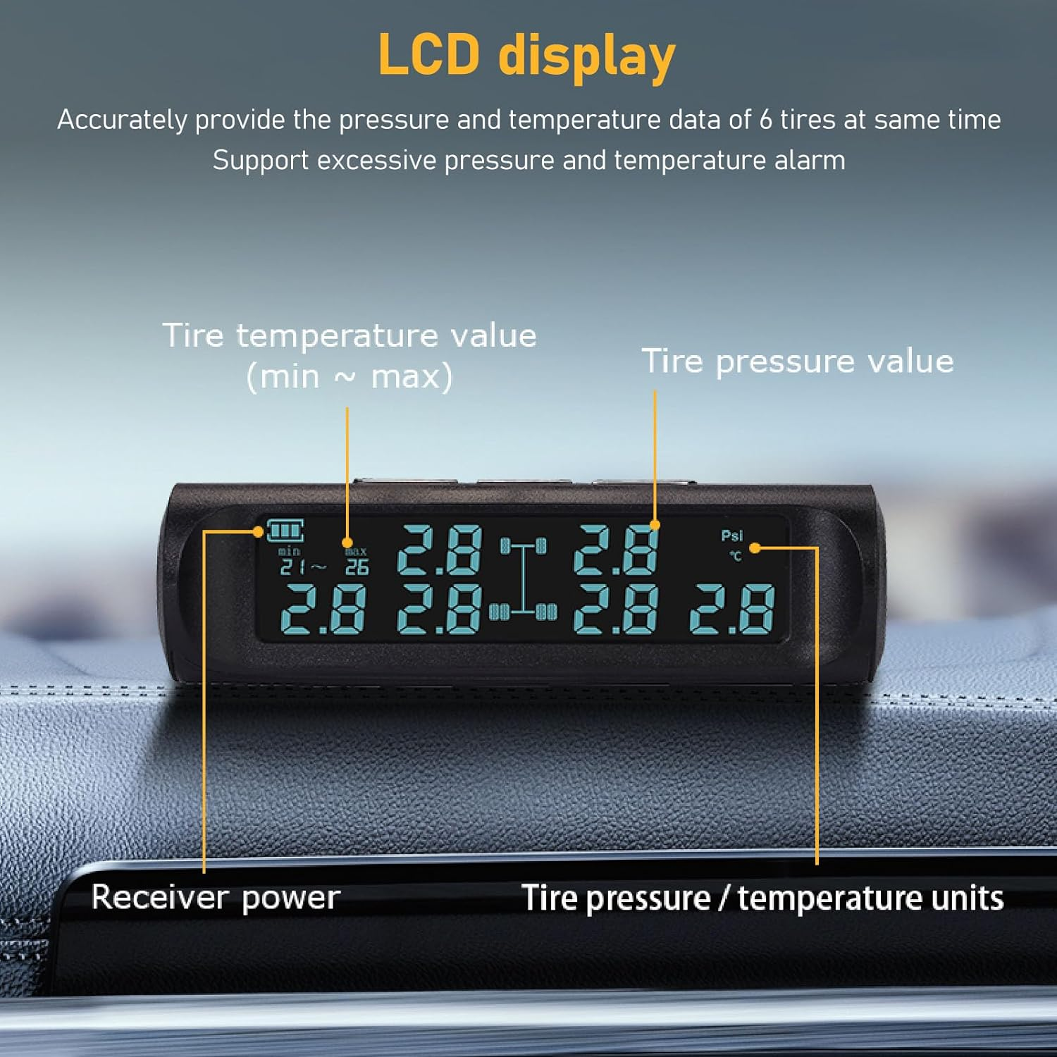 Wireless Solar TPMS Tire Pressure Monitoring System with LCD Display, 4 Sensors for RV, Trailer, SUV, Secure Fixation and Wide Applicability image number 3