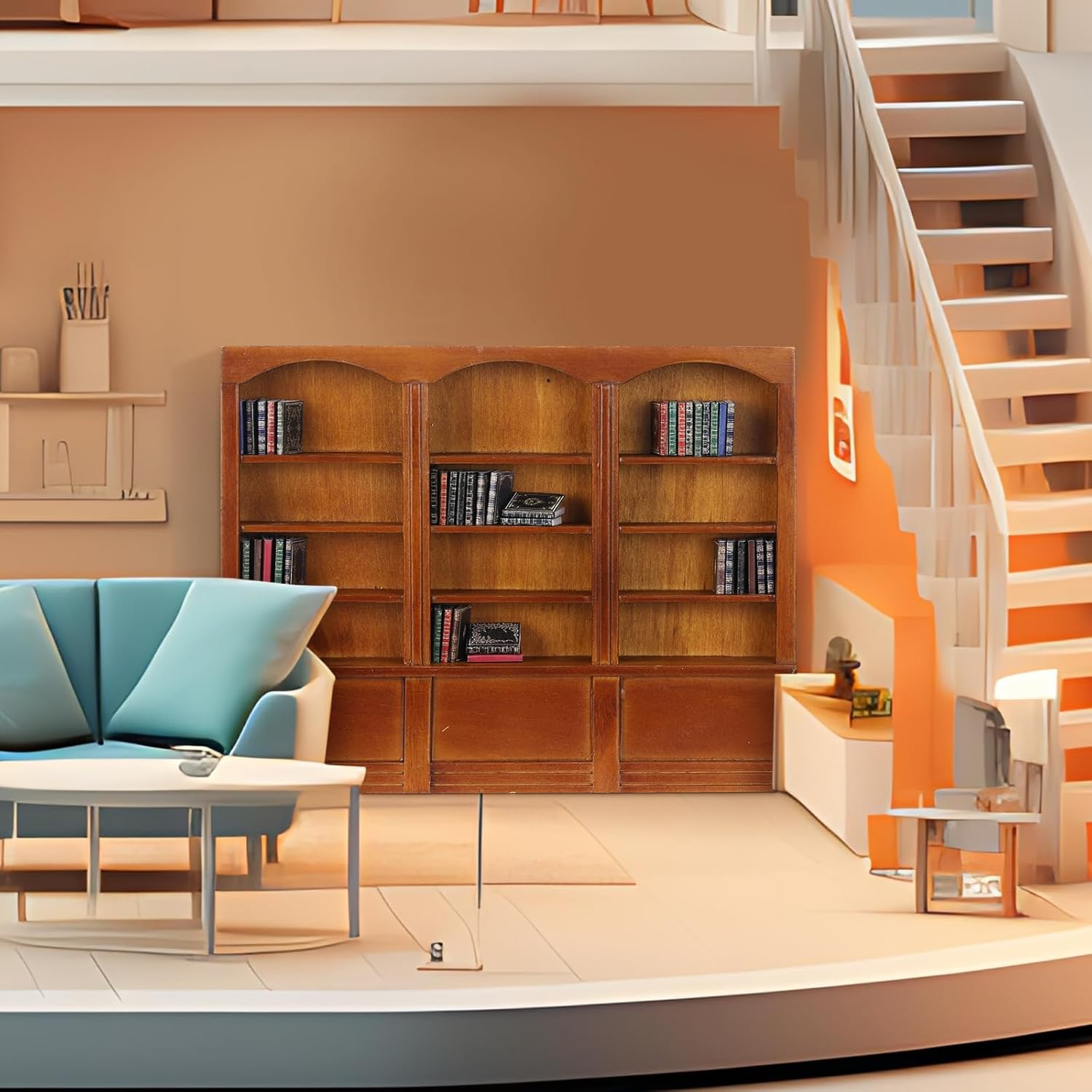 1: 12 Scale Dollhouse Miniature Wooden Bookshelf with 48 Pcs Miniatures Books, Mini Bookcase Tiny Books for Dollhouse Mini Library Decoration Furniture Accessories (4 Layers)